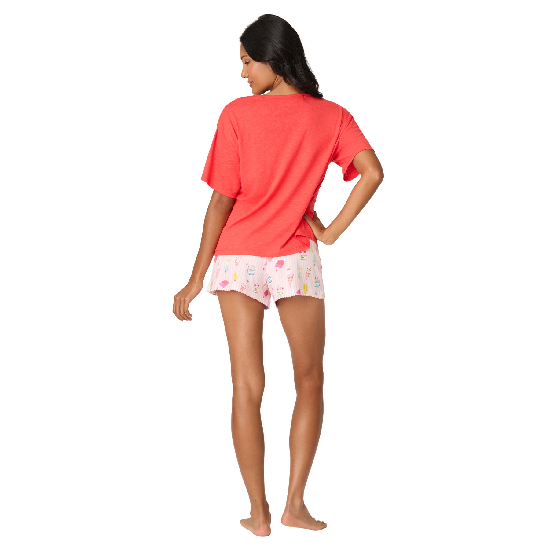 Back view of PJ Salvage coral gelato pajama short set with playful dessert print shorts.