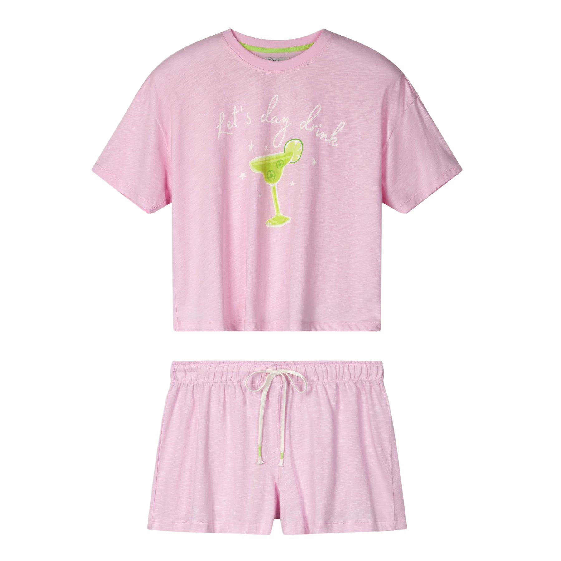 PJ Salvage purple summer short set featuring cocktail graphic tee and lounge shorts.