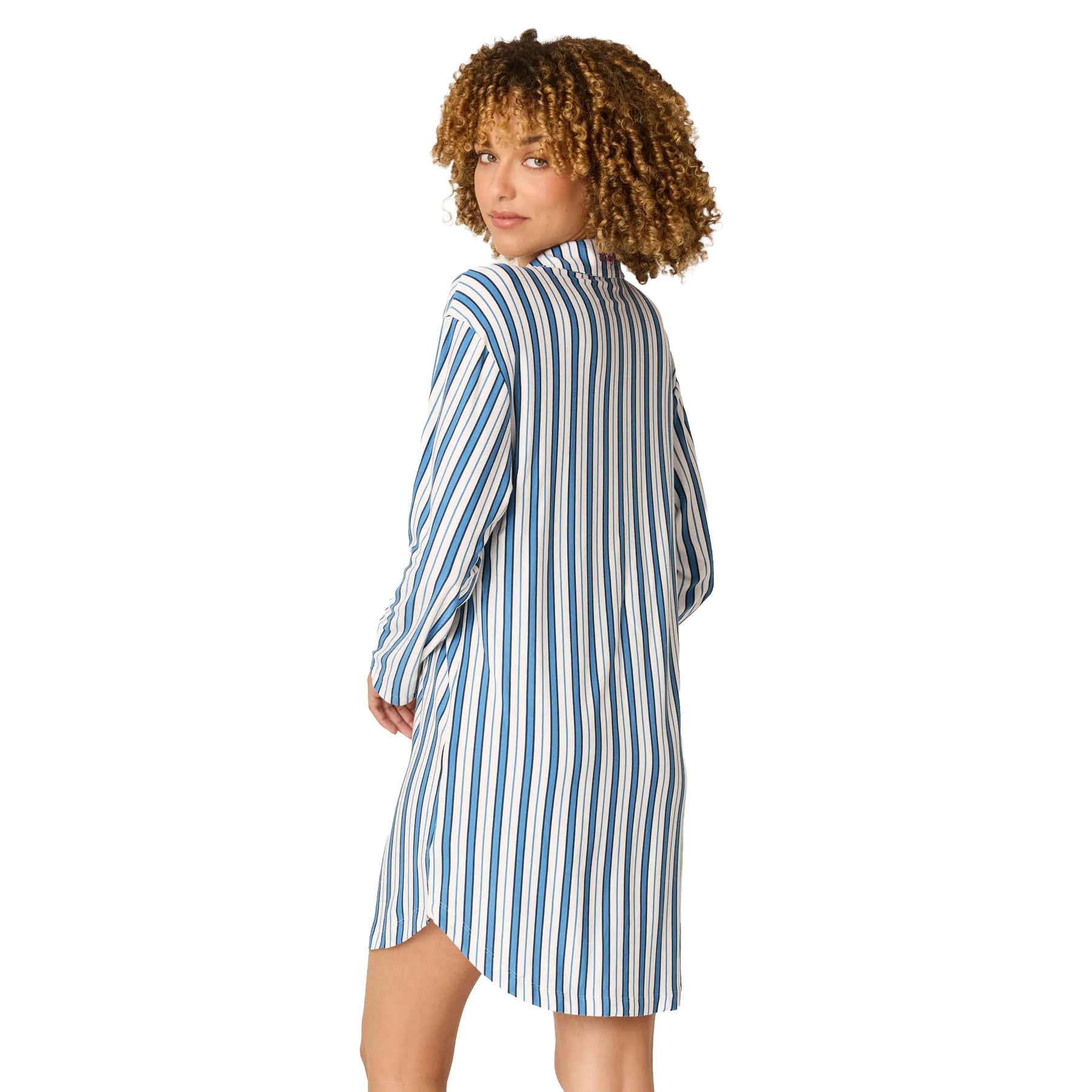 Back view of a blue and white striped long-sleeve sleep shirt with a relaxed fit and curved hem.