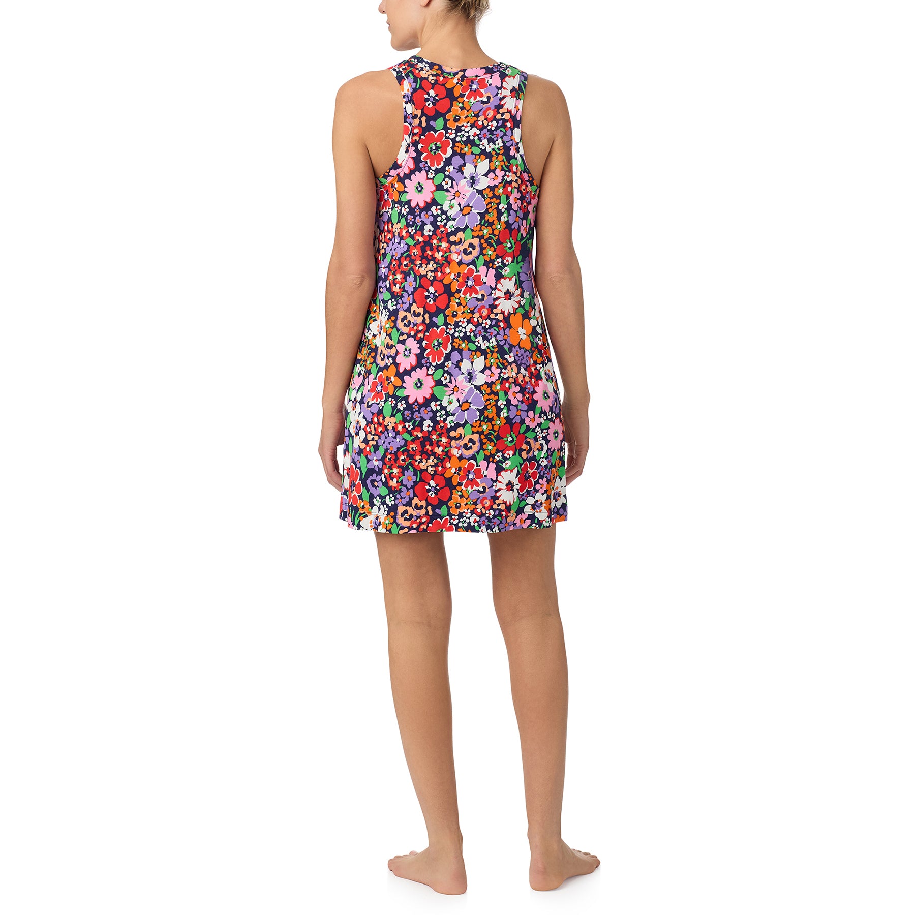 sanctuary sleeveless chemise in multi wildflower print in red, purple, orange flowers on a navy background. Rear view on model.