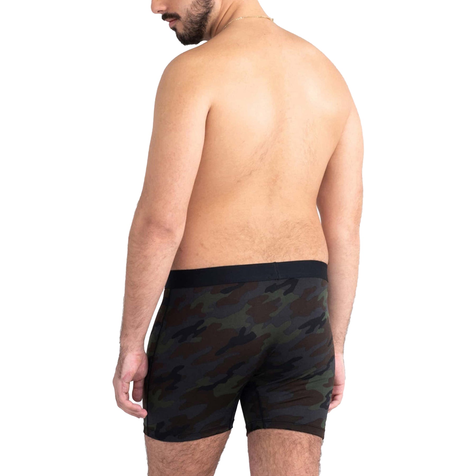 Back view of SAXX Daytripper black ops camo boxer brief worn by model, showing smooth fit and full coverage