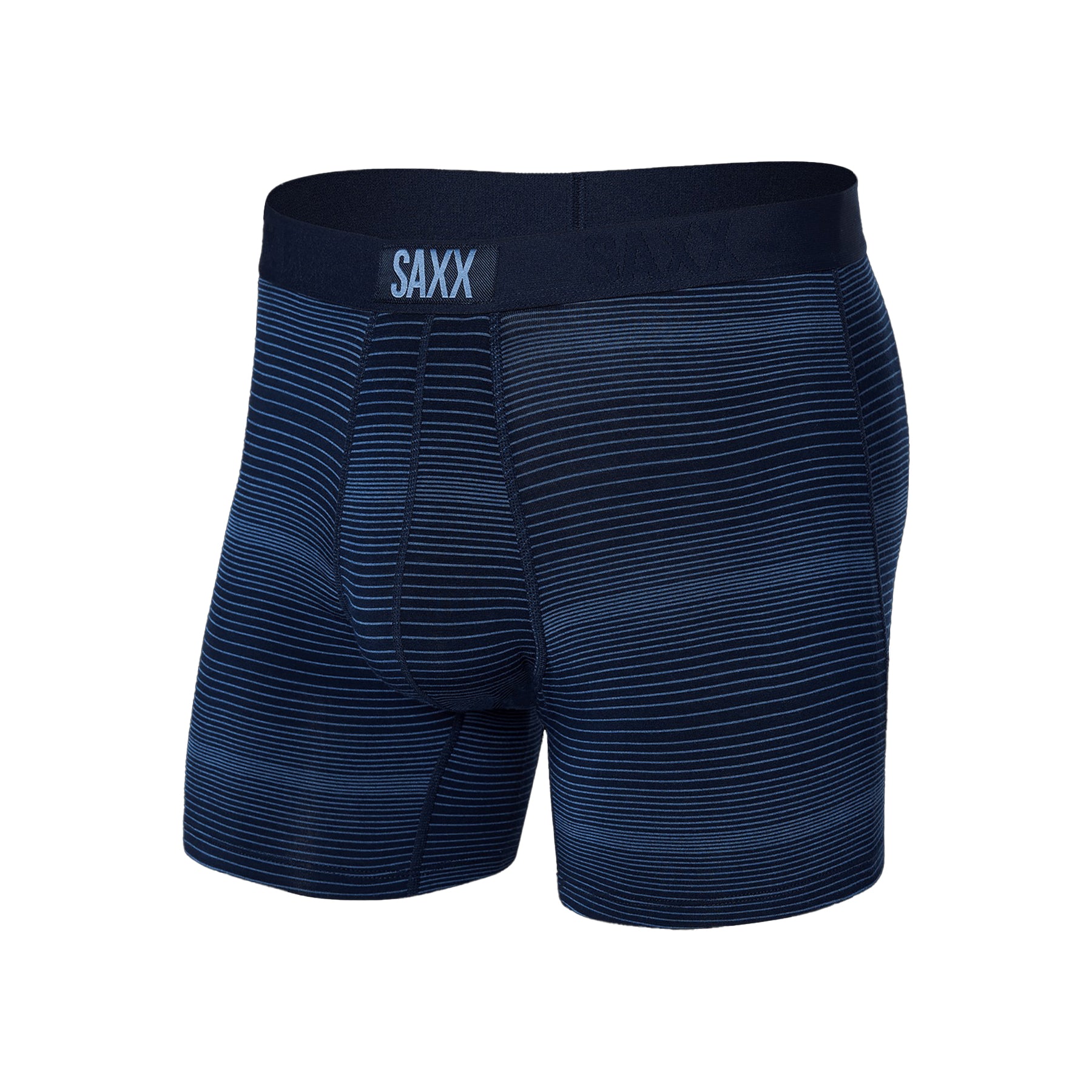 Side angled flat lay of SAXX Vibe Boxer Brief in navy variegated stripe