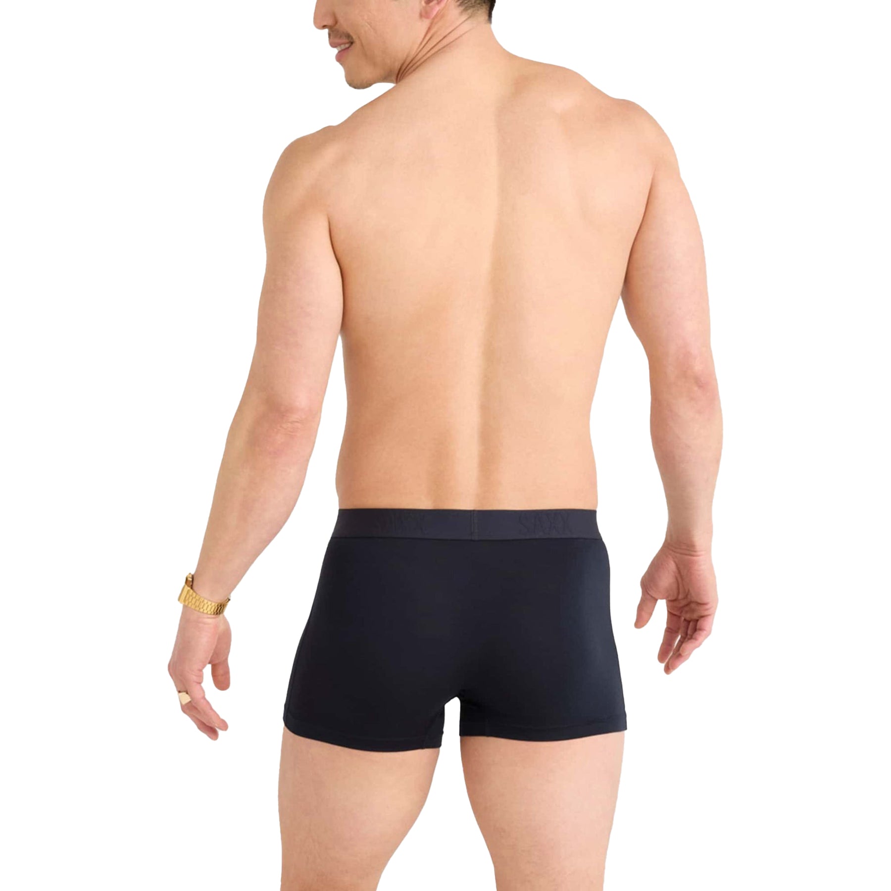 Back view of SAXX men's black trunk fly boxer on model