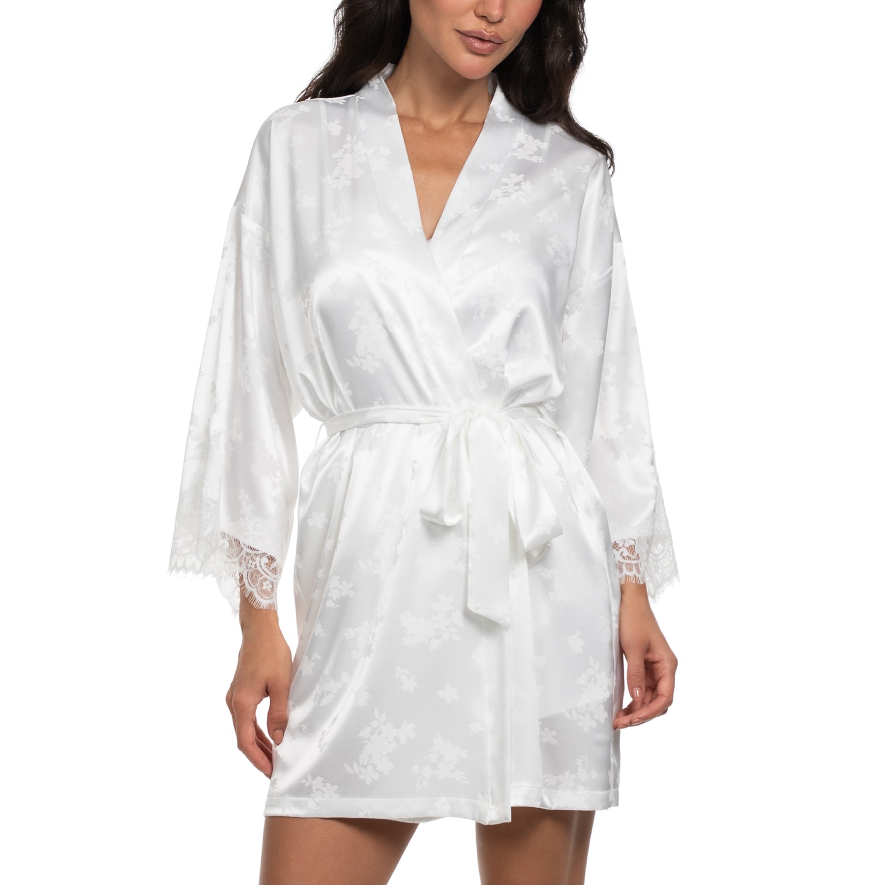 Ivory satin wrap robe with floral jacquard pattern, lace-trim kimono sleeves and adjustable waist tie, front view.