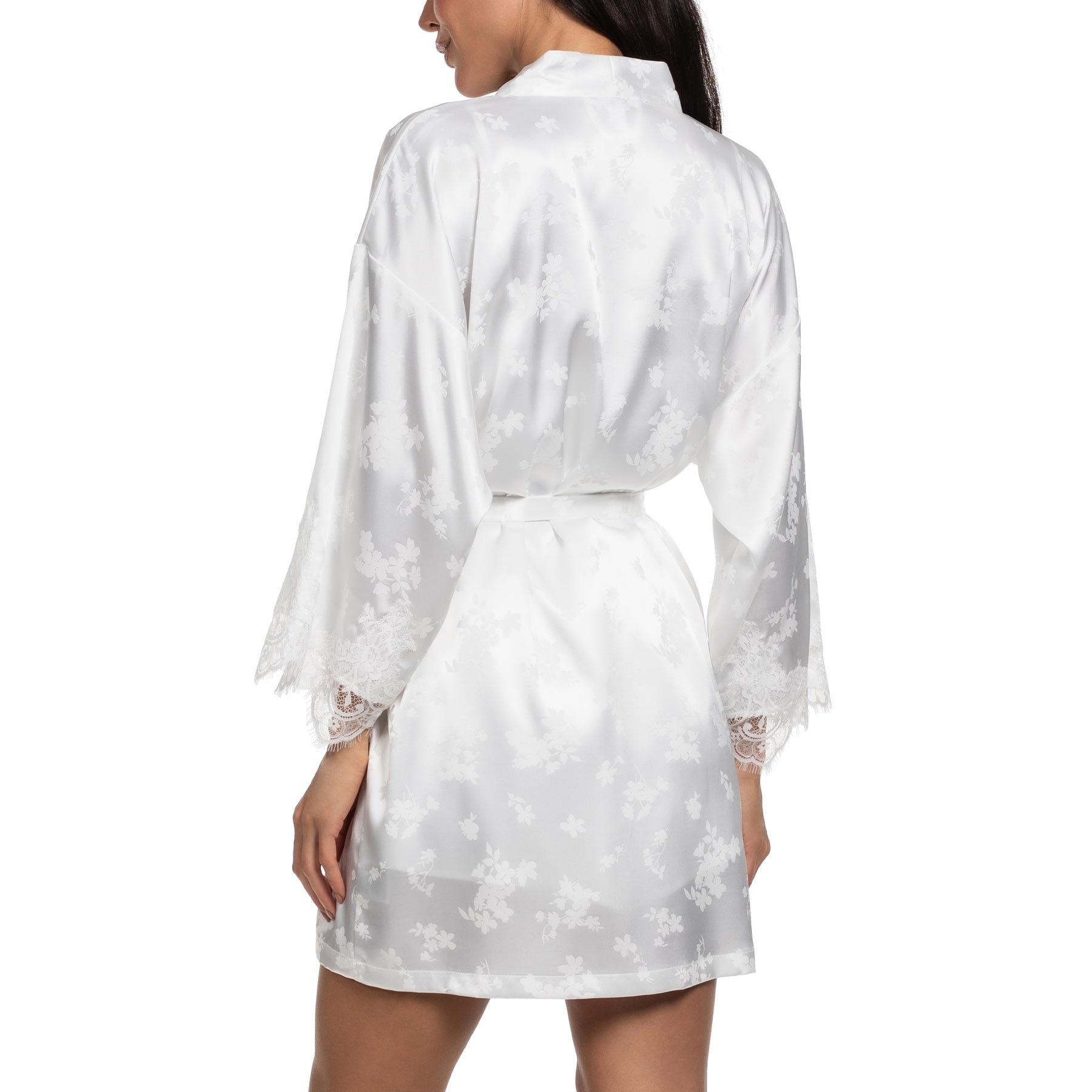 Ivory satin robe with floral jacquard pattern, flowing silhouette and lace-trim sleeves, back view.