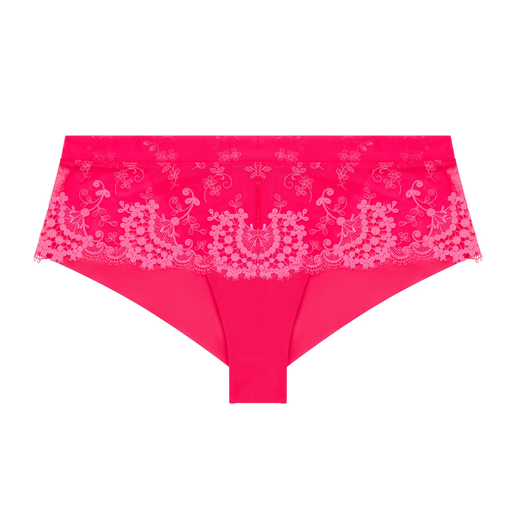Satin and guipure lace shorty in fabulous hot pink. Front view without model.