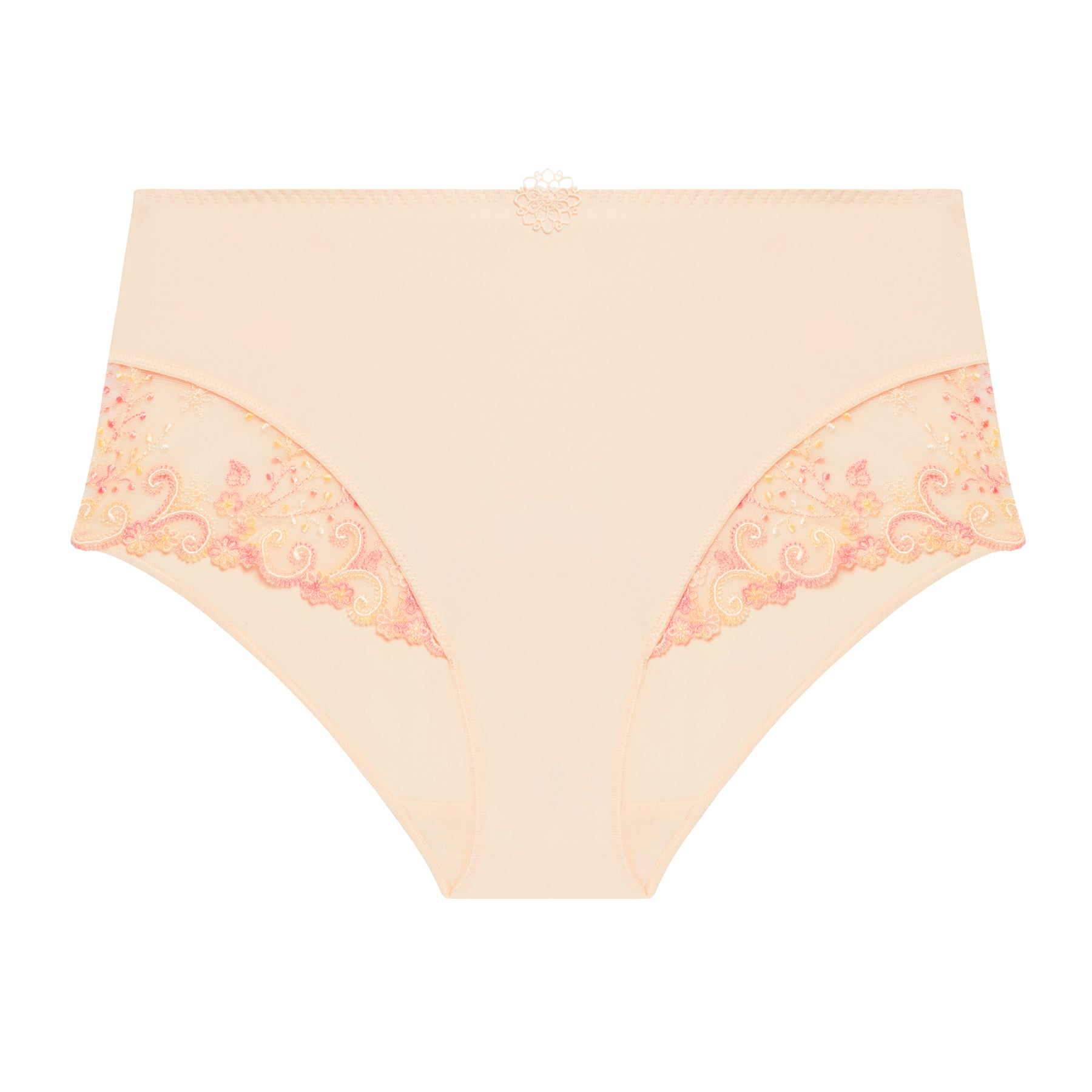 Full brief in pale yellow peach pampa with contrast coral pink embroidery at hips. Front view without model.