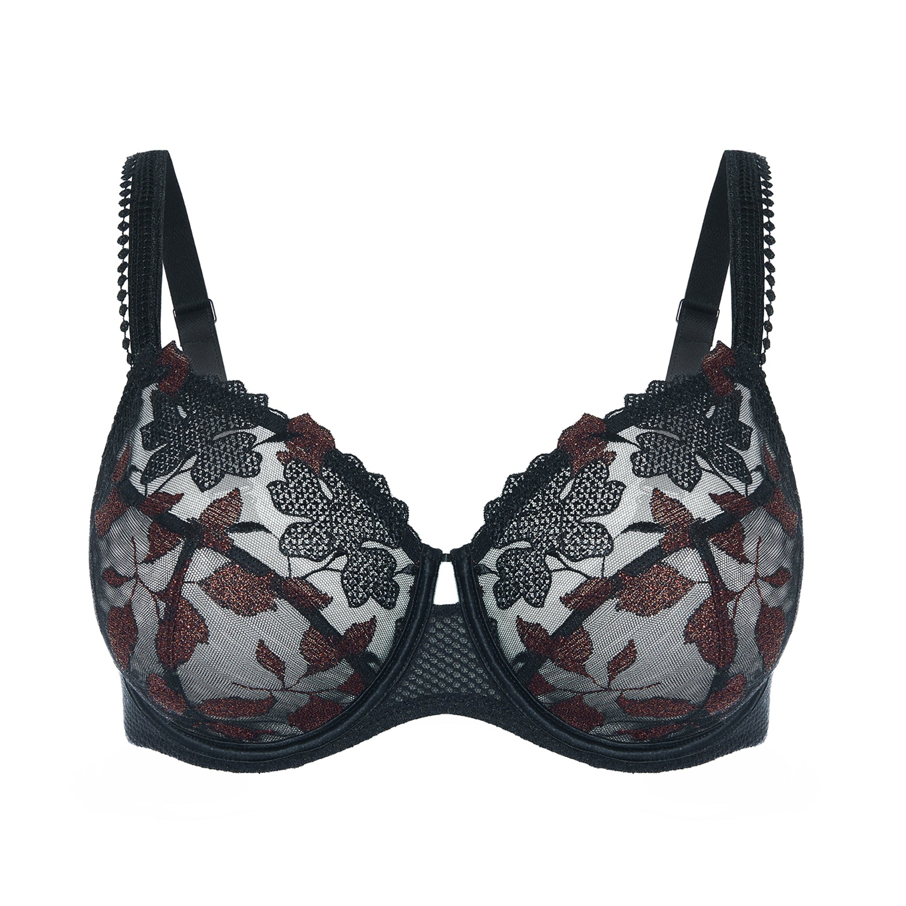 Simone Pérèle Dahlia full cup bra in Copper-Black laid flat, with intricate floral embroidery and underwire support.