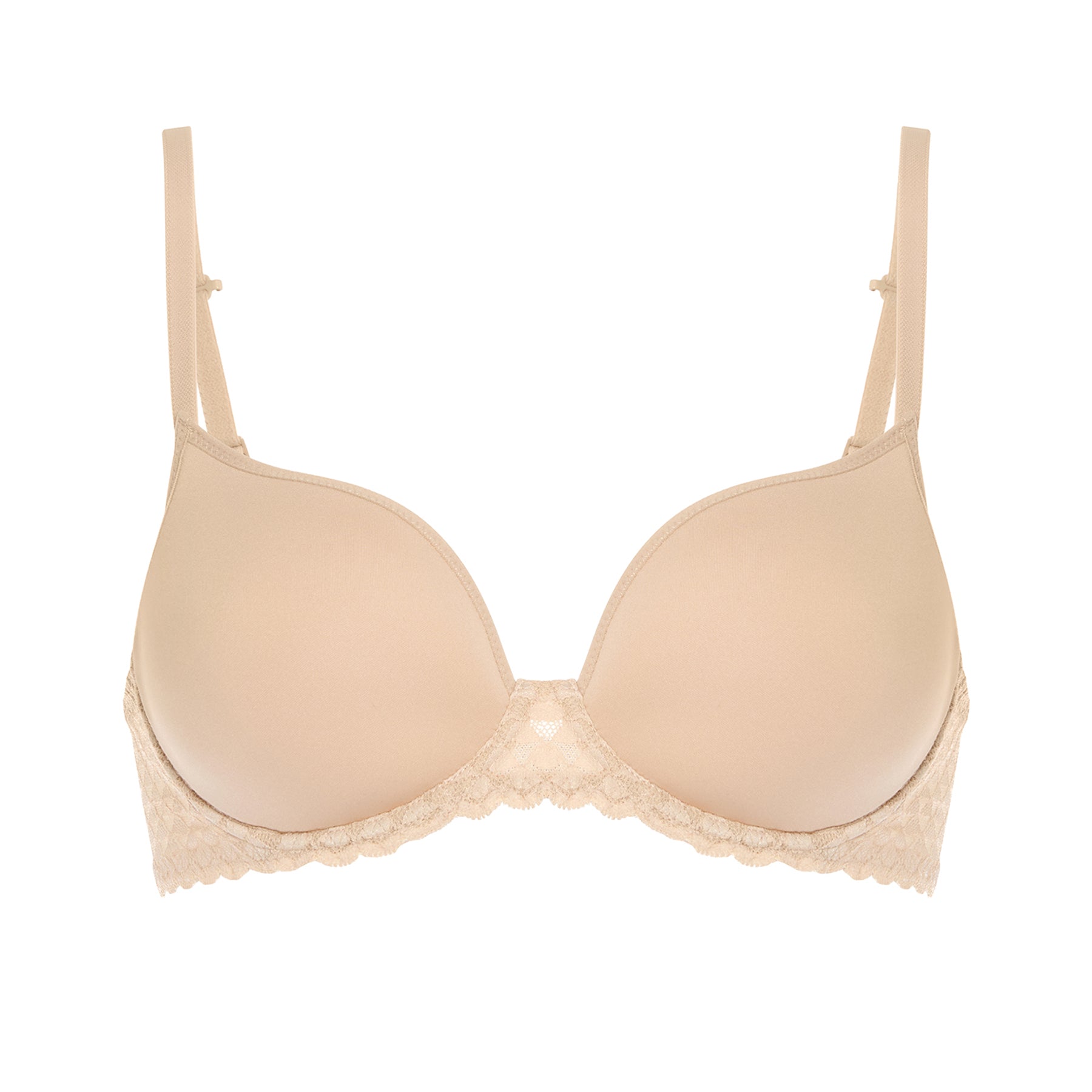 Plunge 3D spacer bra in nude peau rose with interlocking lace band. Front view, without model.