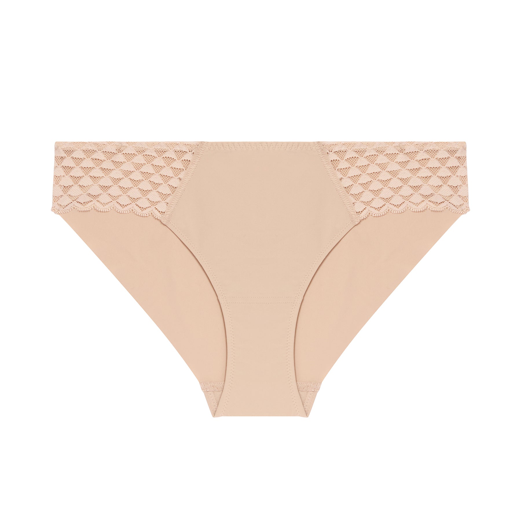 Bikini brief with lace hips in nude peau rose, front view without model.