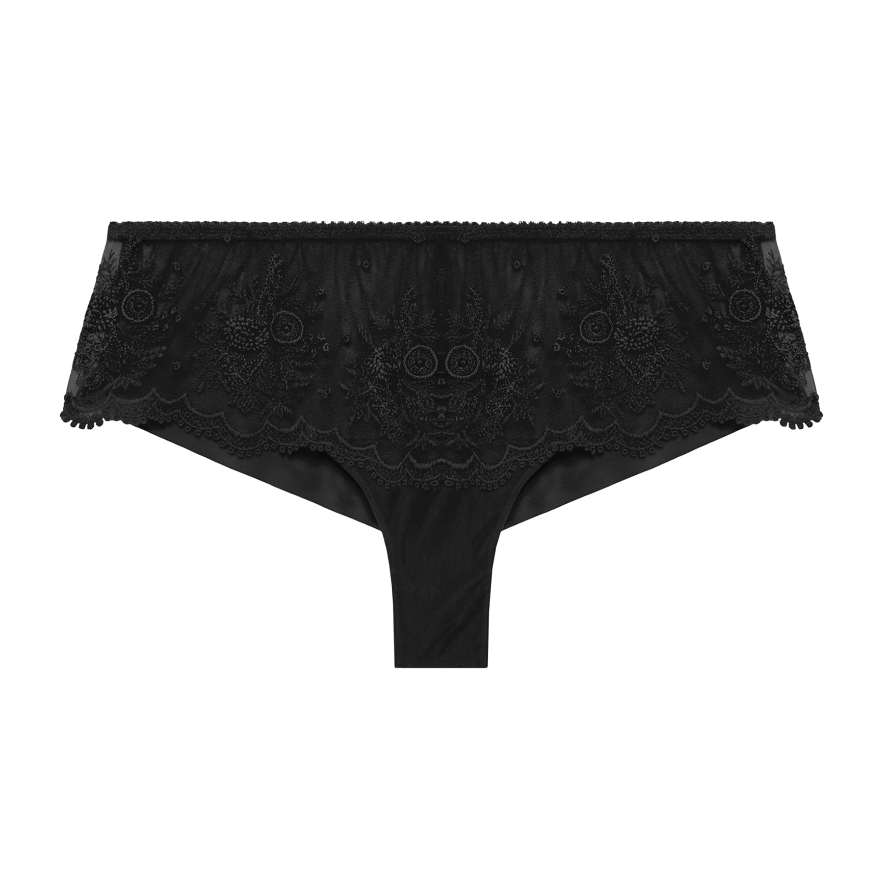 Black tulle and lace embroidered mid-rise cheeky shorty in black. Front view without model.