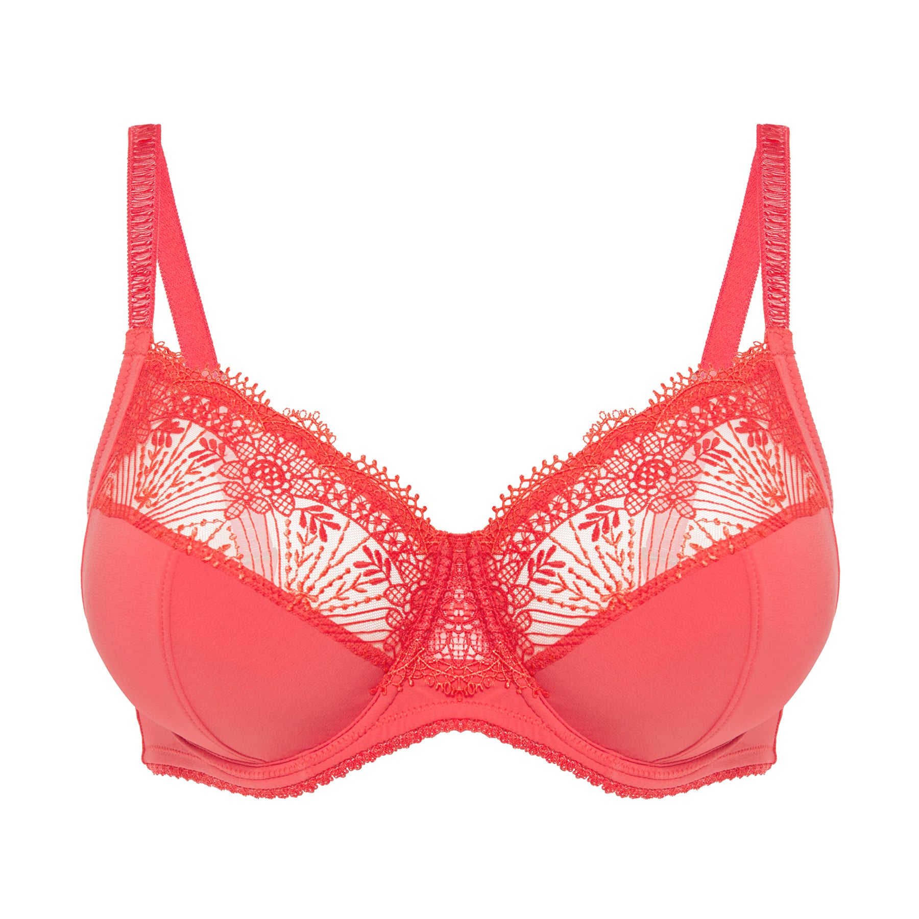 Simone Perele Allure Full Cup Bra in Coralia Red - flat lay showing bold lace embroidery, full support structure, and seamless shaping