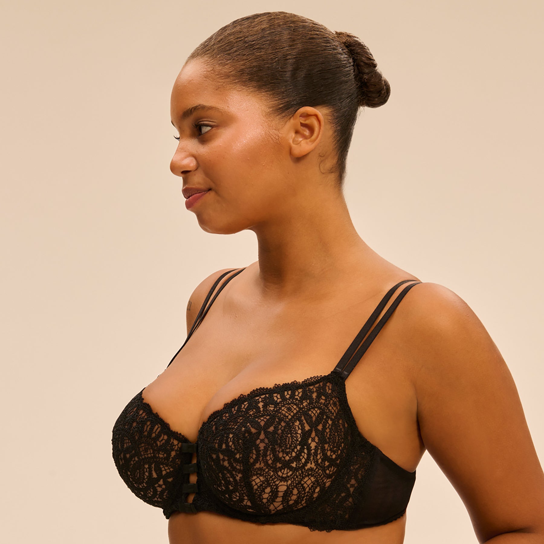 Side view of Symphonie lace bra showing double straps and lace cup structure