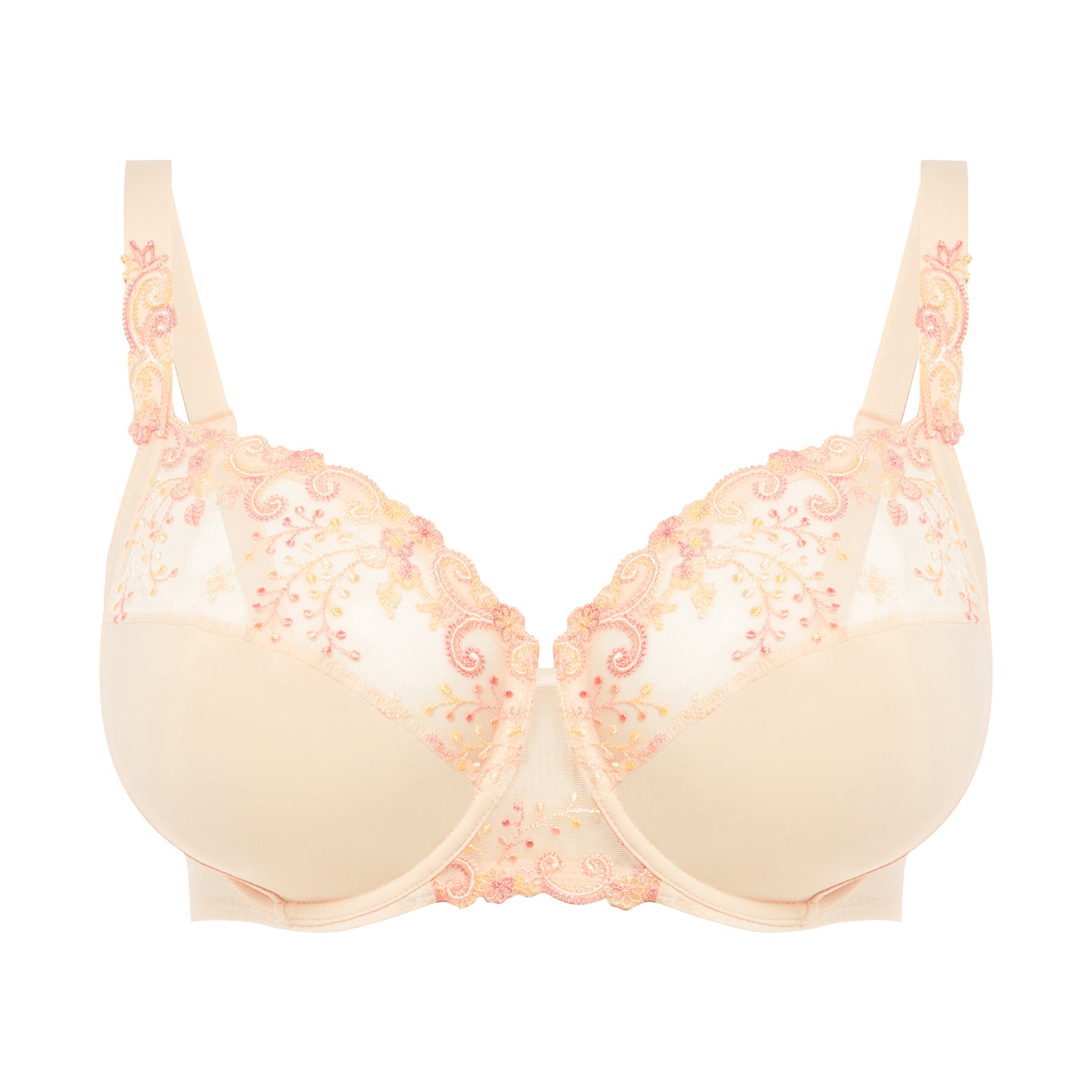 3 Part full cup bra in pale yellow peach pampa with contrast coral pink embroidery along the cups. Front view without model.