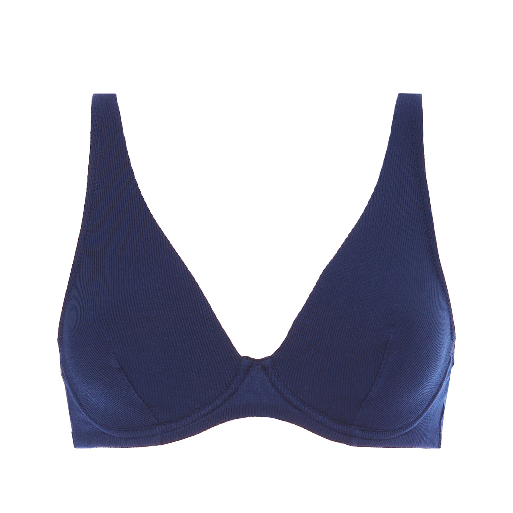 Full cup triangle plunge bra in dark blue navy in ribbed fabric without model, front view.