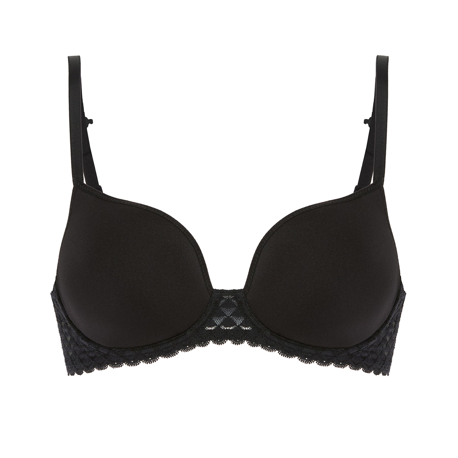 Plunge 3D spacer bra in black with interlocking lace band. Front view, without model.