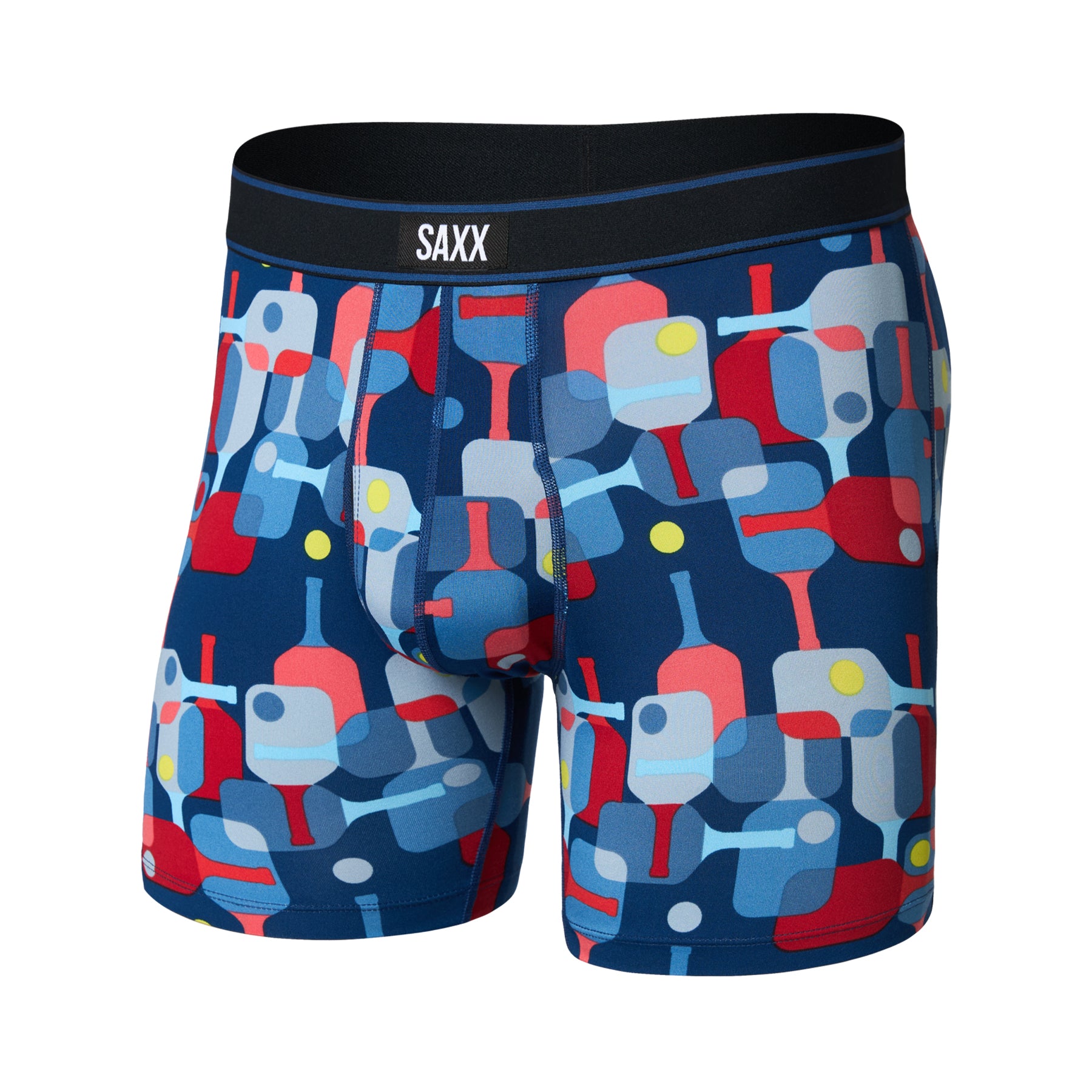 SAXX Pickle Paddle Navy boxer brief featuring an all-over pickleball paddle pattern in blue, red, and yellow tones.