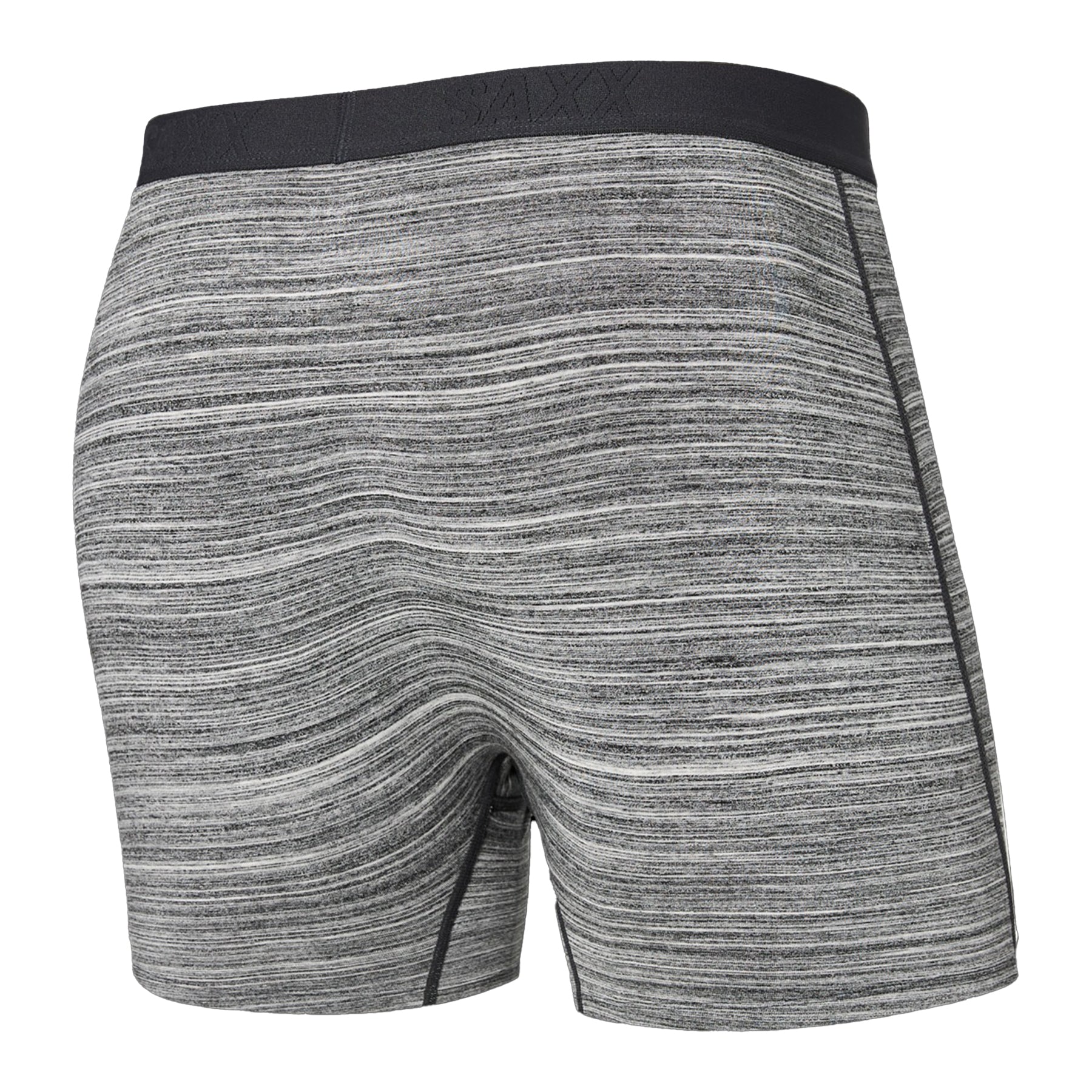 Gray athletic shorts with black waistband on a white background