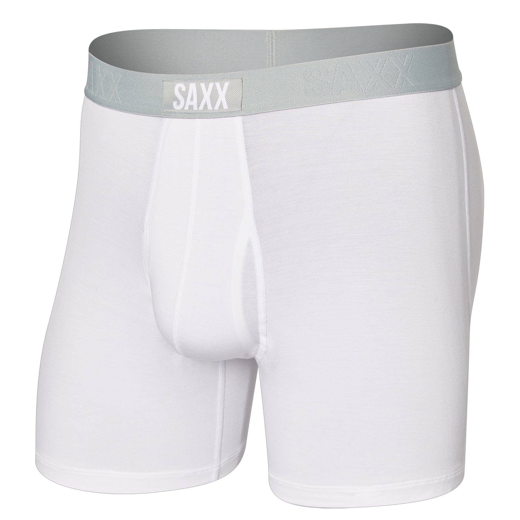 White boxer briefs with gray waistband on a white background