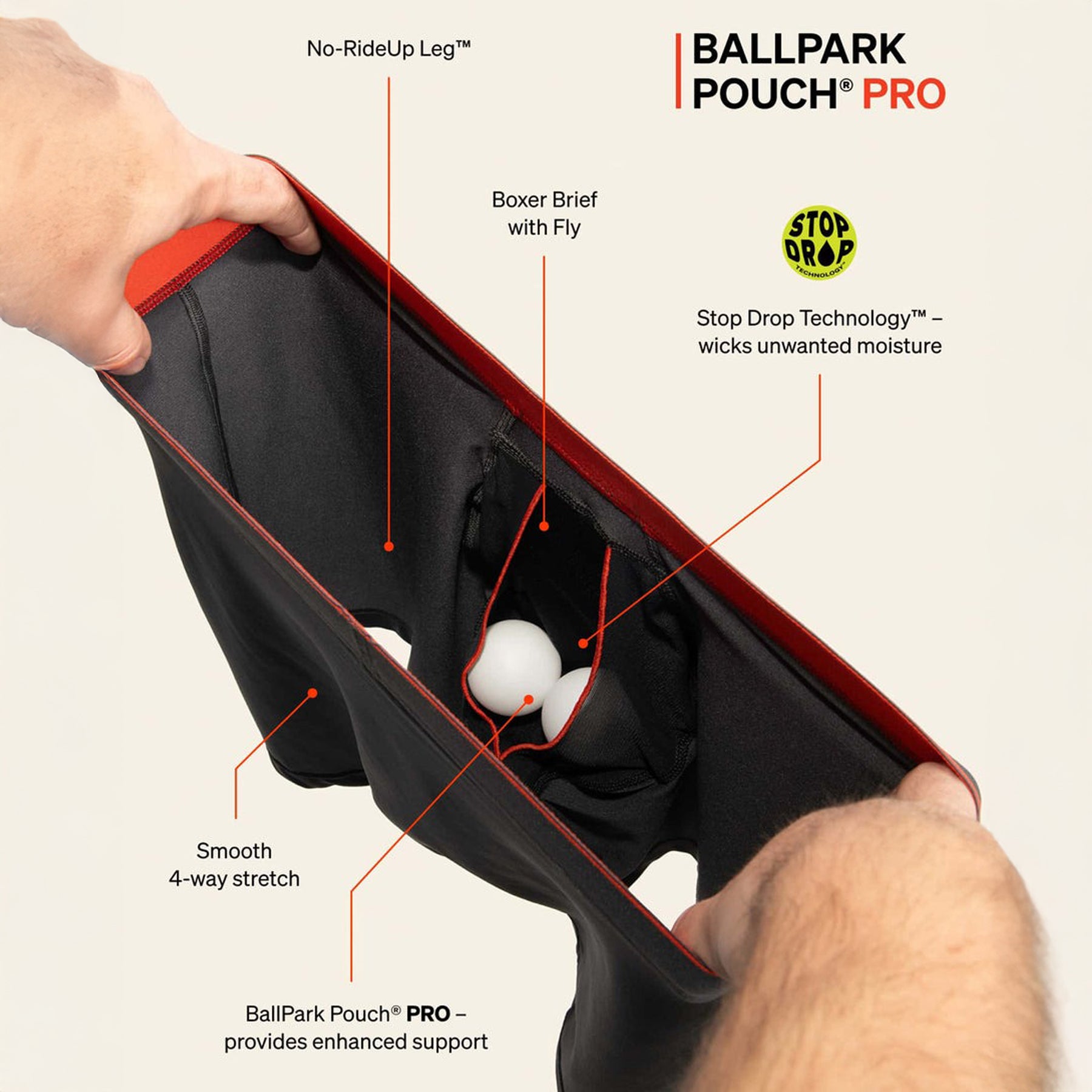 BallPark Pouch Pro product with features highlighted on a beige background