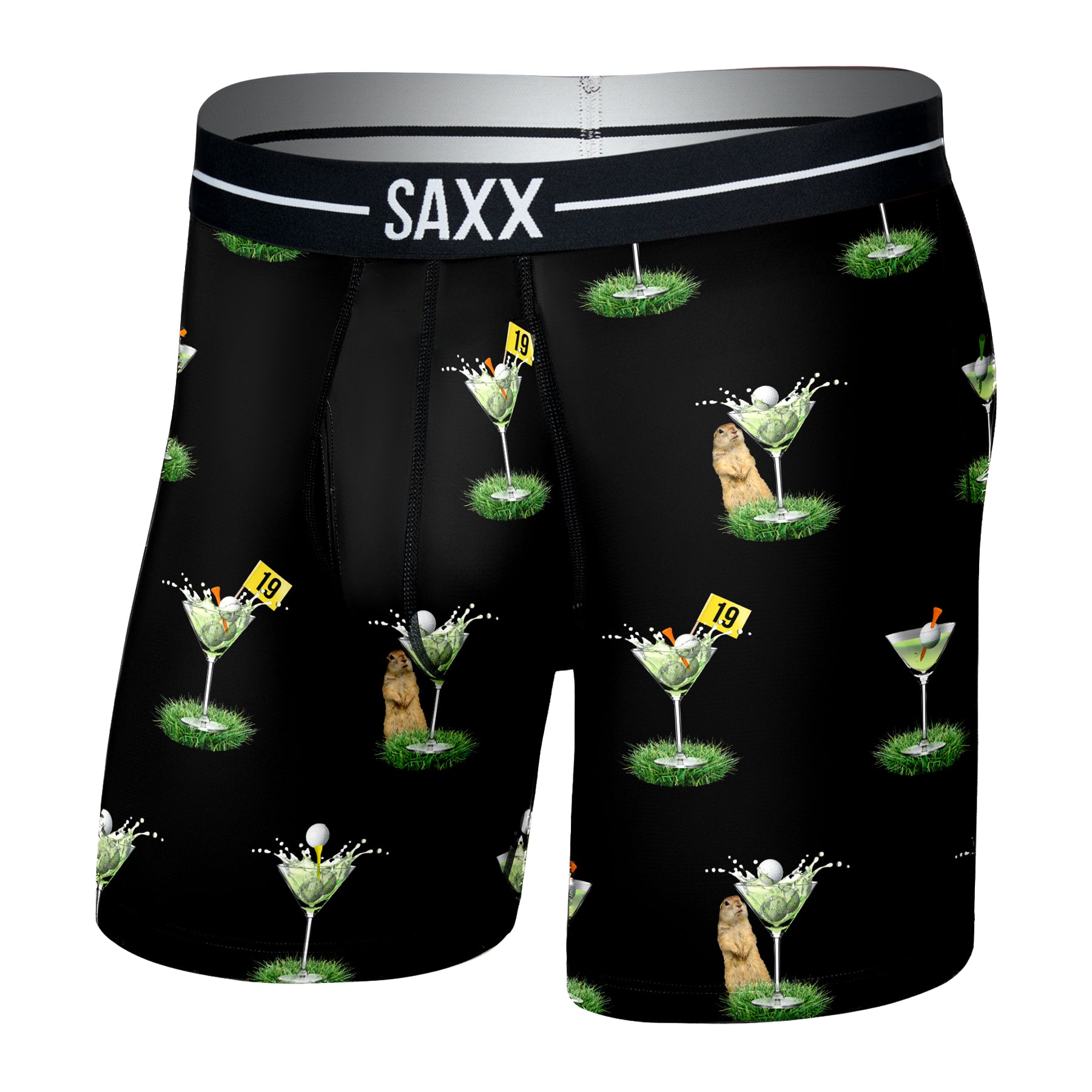 SAXX My Handicap Black boxer brief featuring an all-over golf-inspired cocktail and golf ball print on a black background.