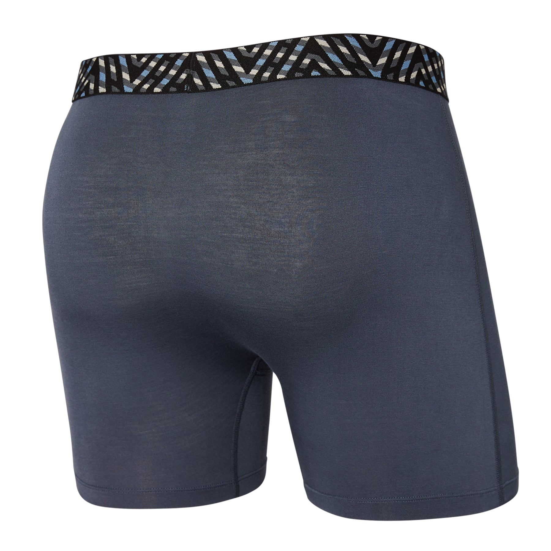 Gray boxer briefs with a patterned waistband on a white background