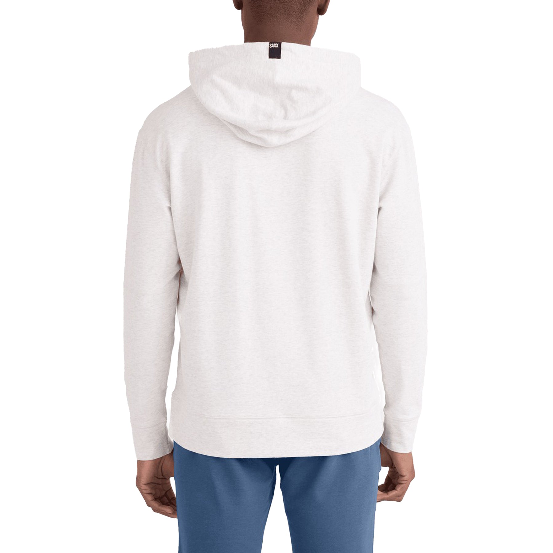 Back view of a man in a light heather grey pullover hoodie showing the hood detail and relaxed fit.