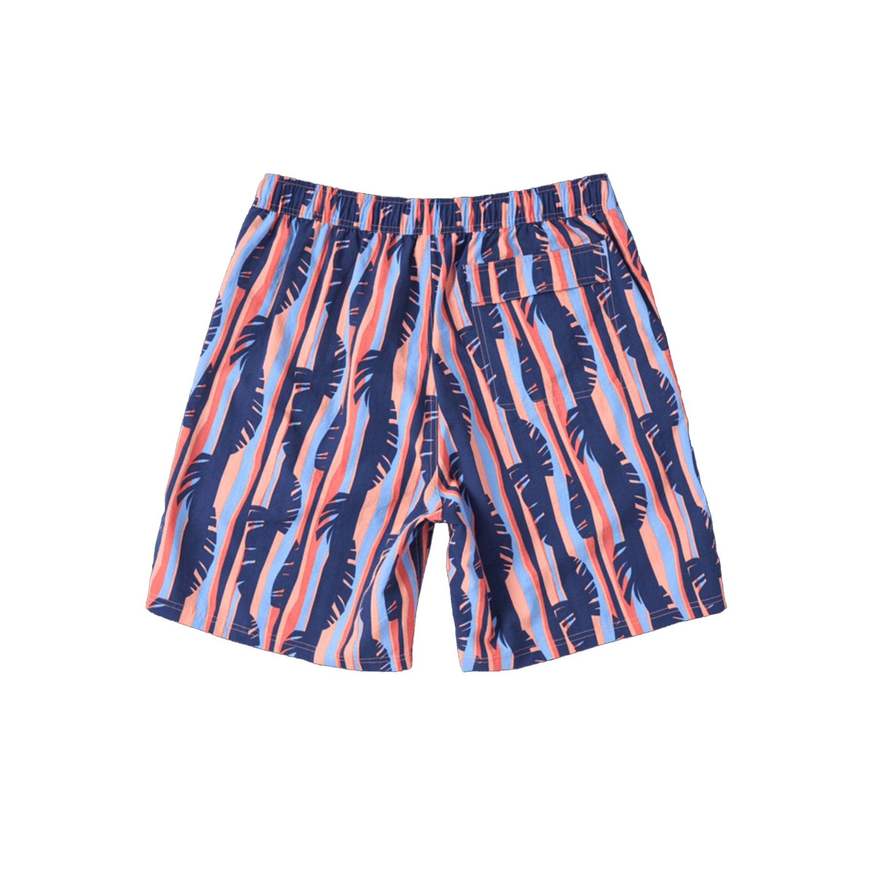 Flat lay of SAXX Tropic Stripe swim shorts showing back with single pocket.