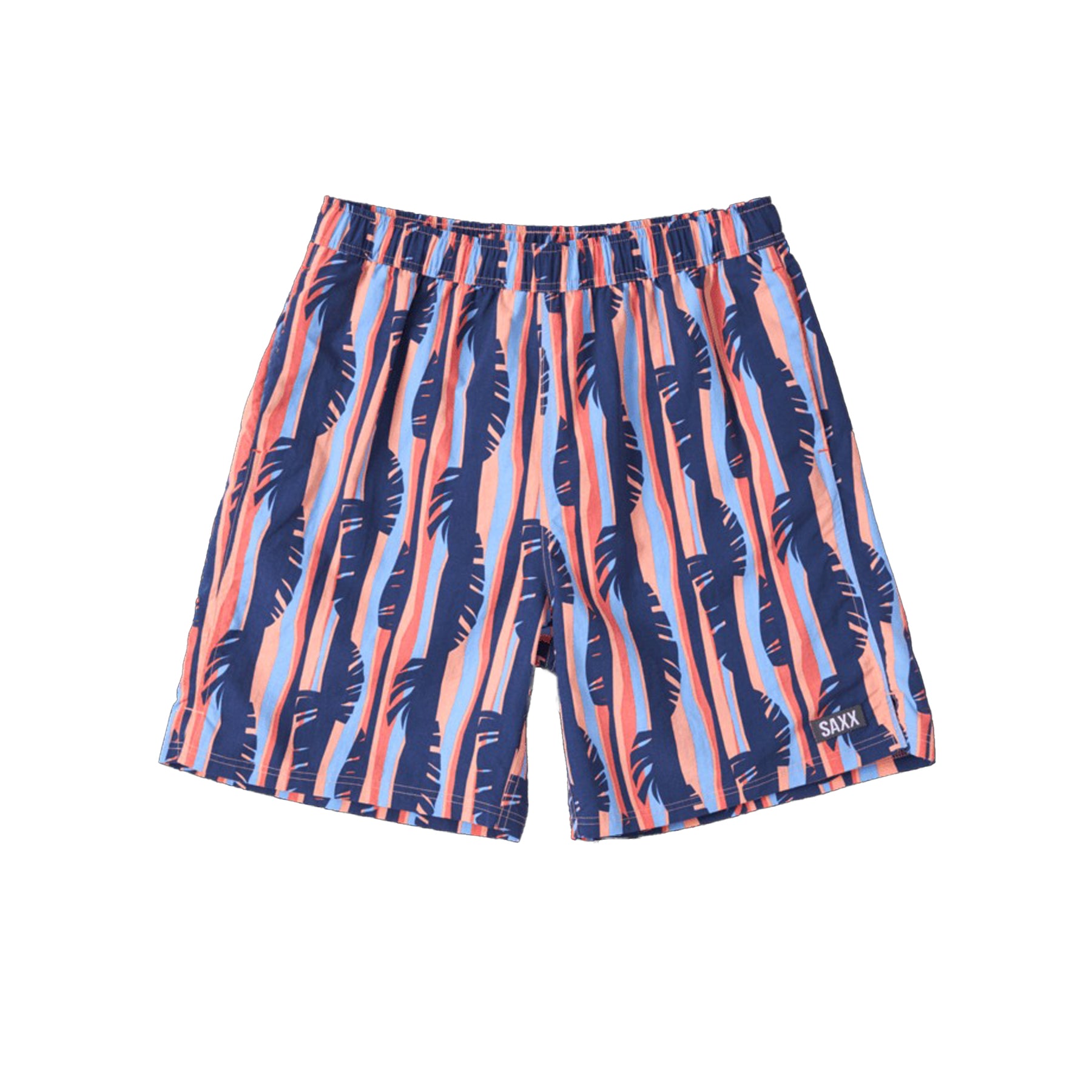 Flat lay of SAXX Tropic Stripe swim shorts showing front design and logo.