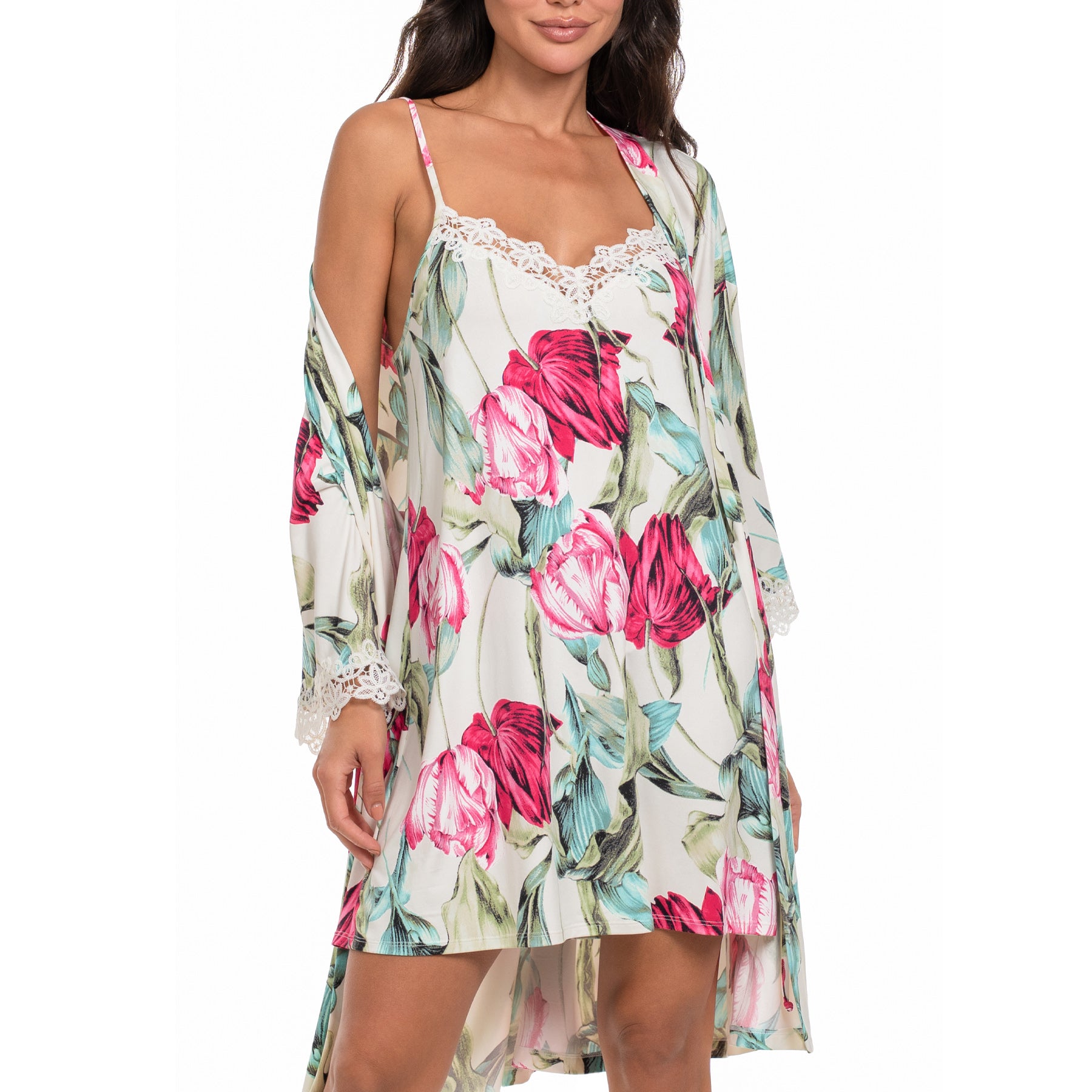 Floral tulip print chemise with lace-trim neckline and matching lightweight robe, front view.