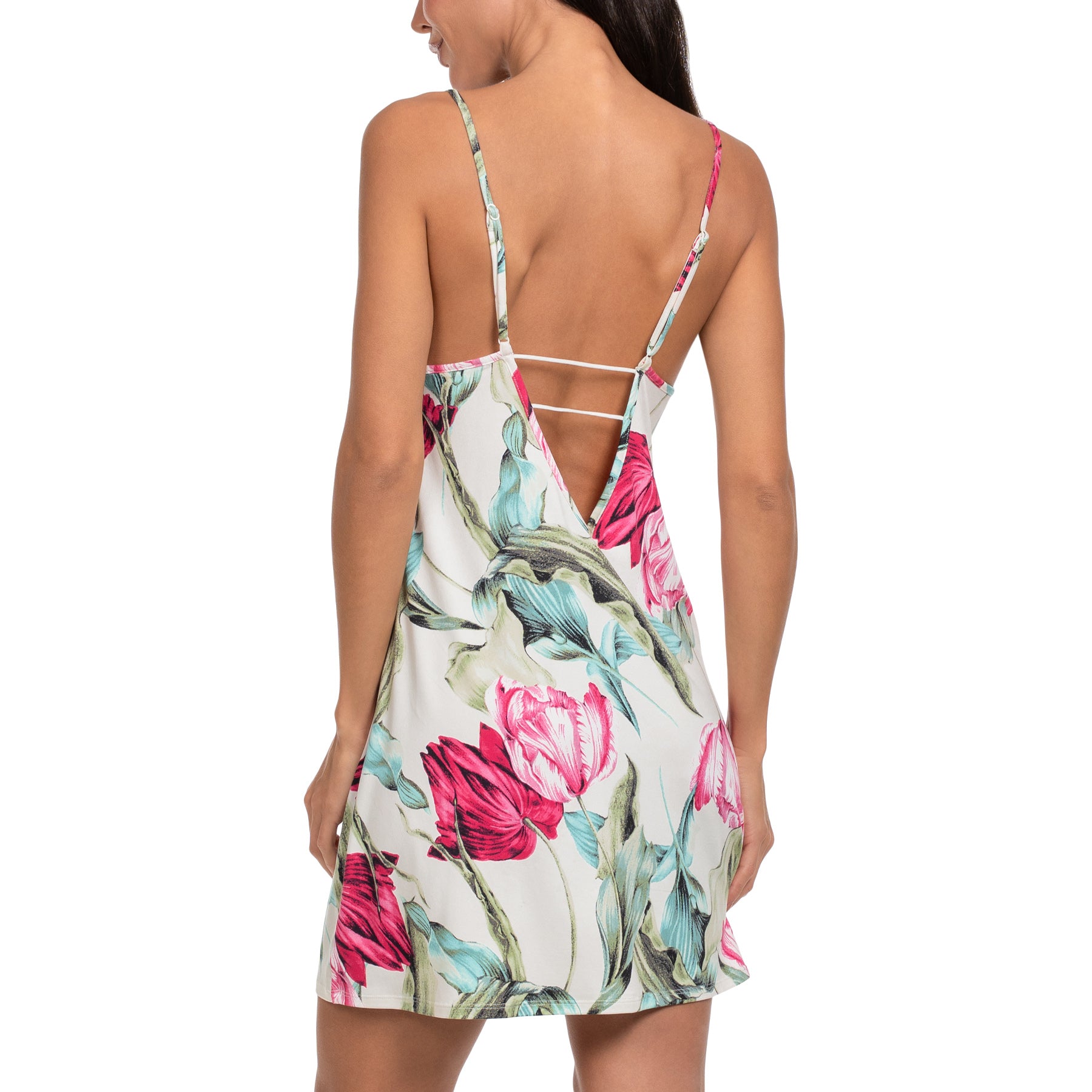 Tulip print satin chemise with open strappy back detail and adjustable straps, back view.