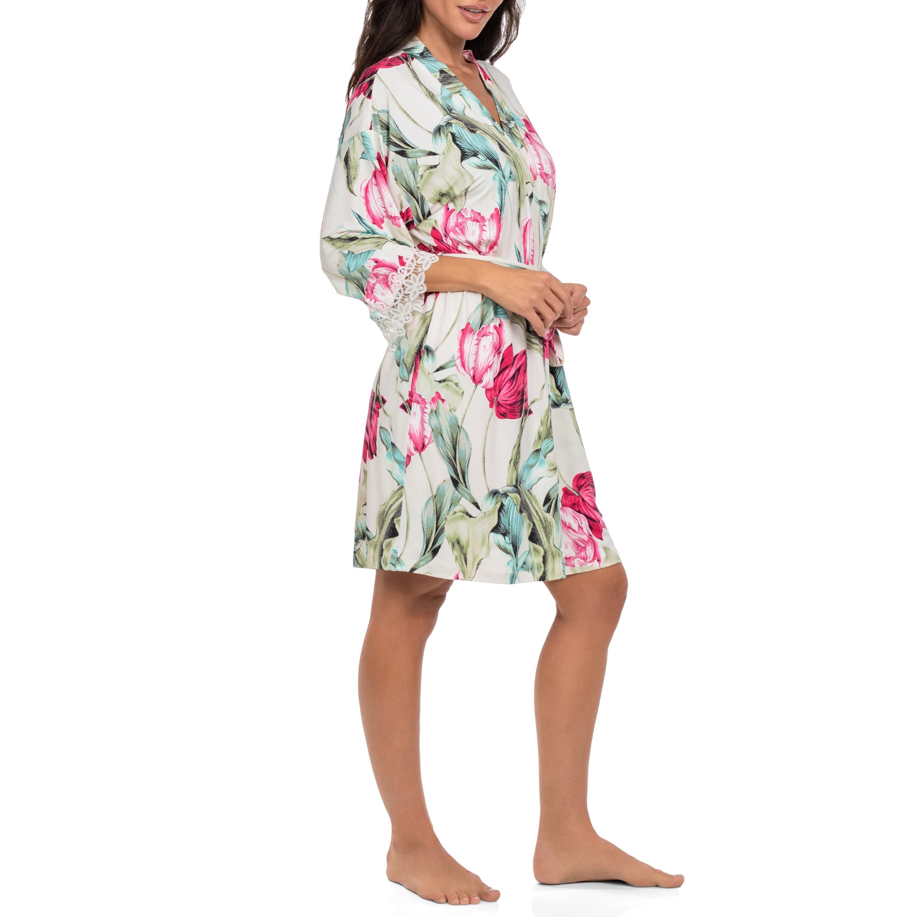 Tulip print lightweight robe with lace-trim sleeves and wrap design, side profile.