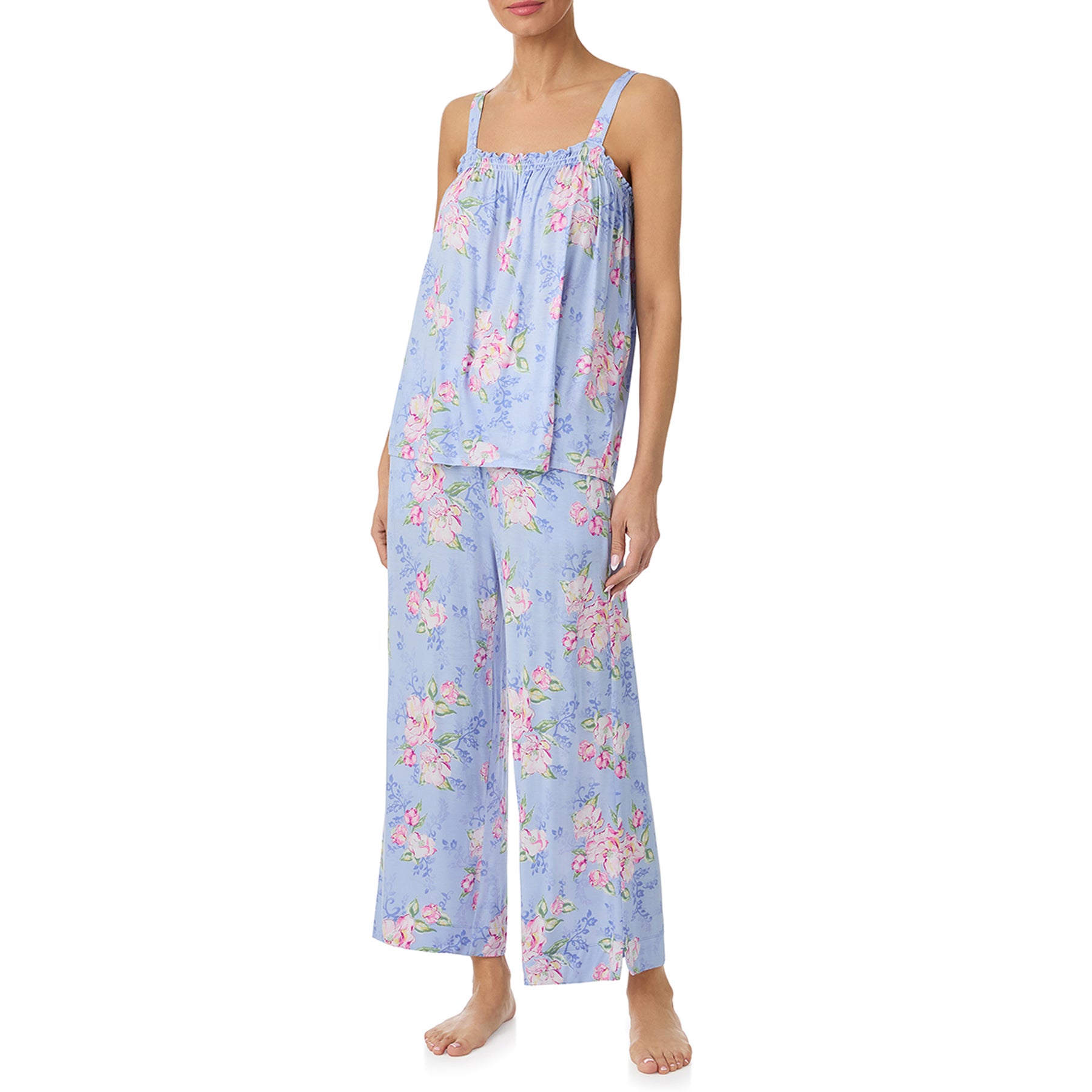 Front view of blue floral camisole and pant pyjama set with relaxed fit and wide-leg pants