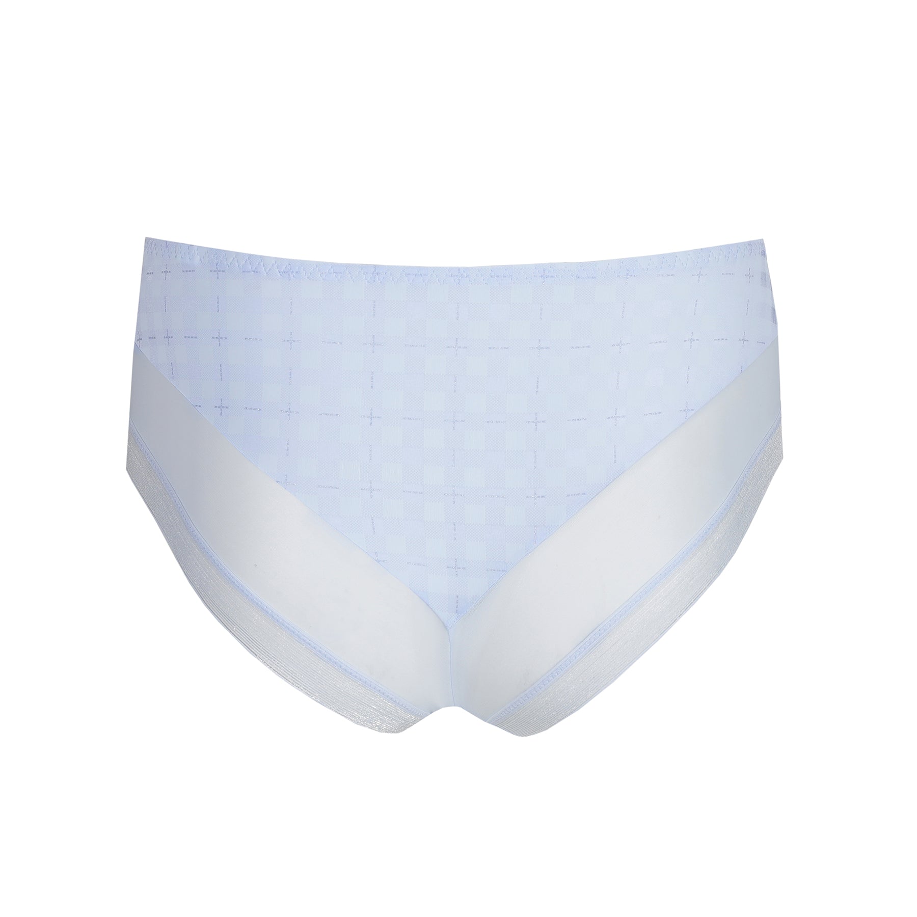 Twist Chikone hotpants in Heaven Blue, back view featuring checkered pattern and sheer mesh detailing.