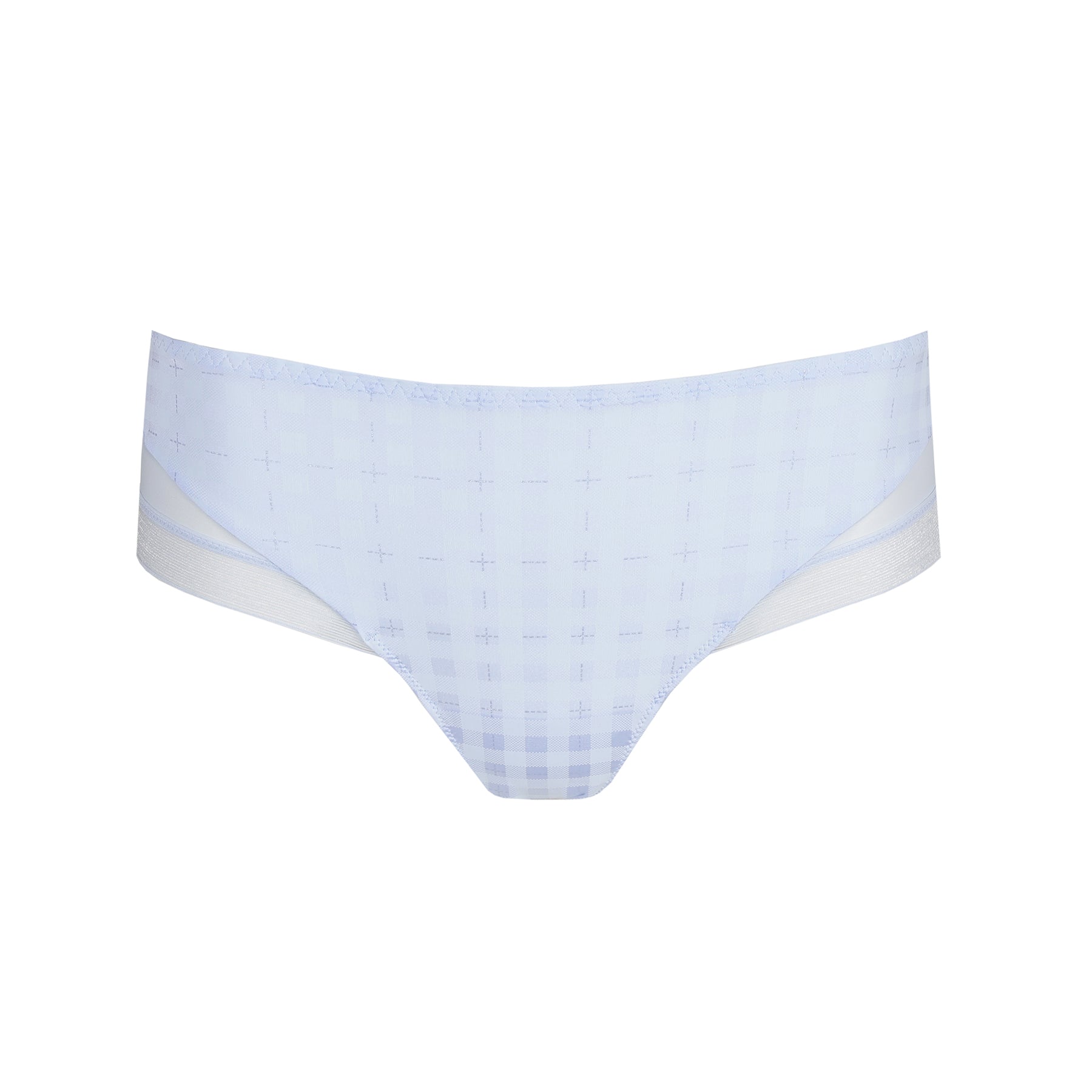 Twist Chikone hotpants in Heaven Blue, front view showing tonal check design and smooth waistband.