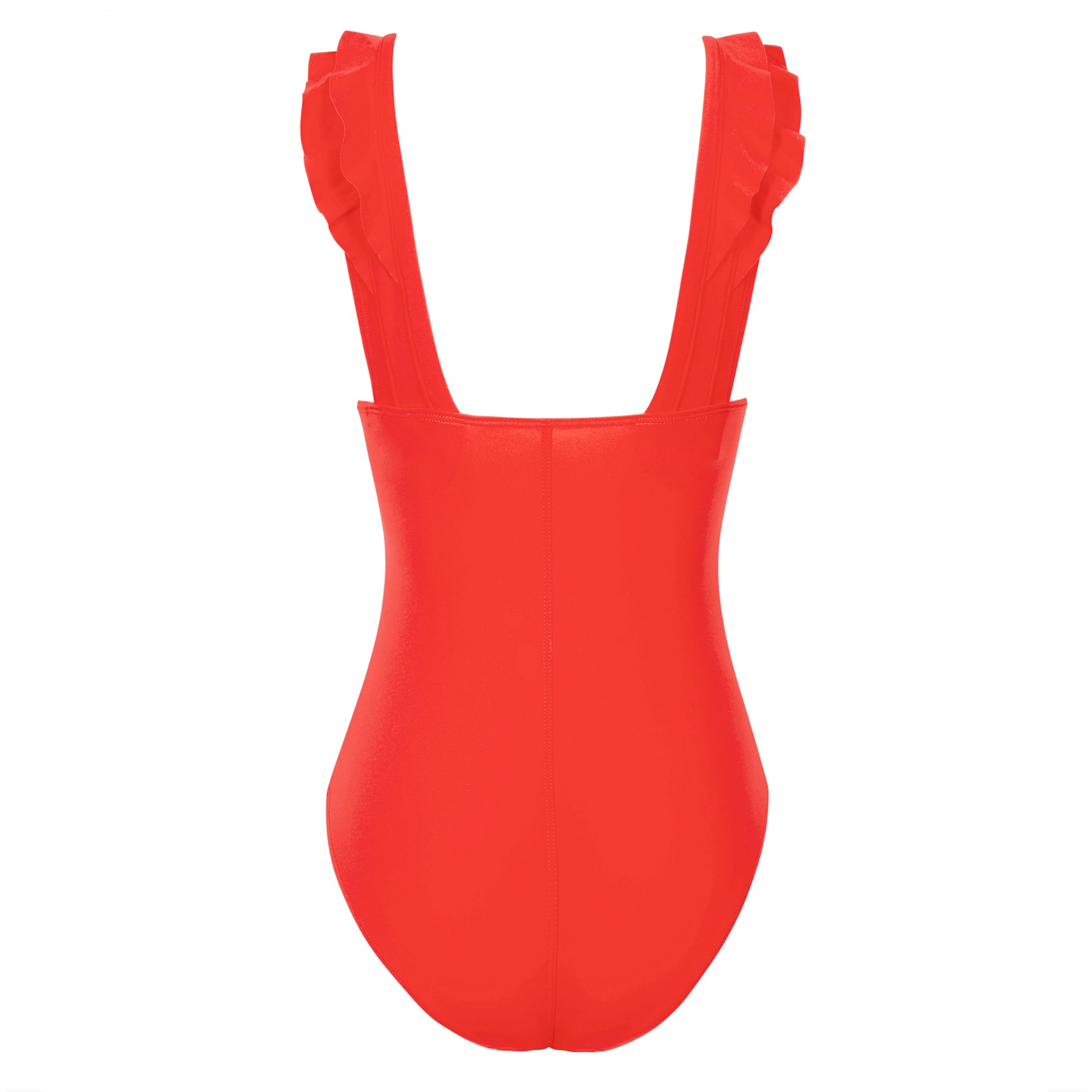 Back view of red one-piece swimsuit with wide ruffled shoulder straps and smooth sculpting fabric on a white background