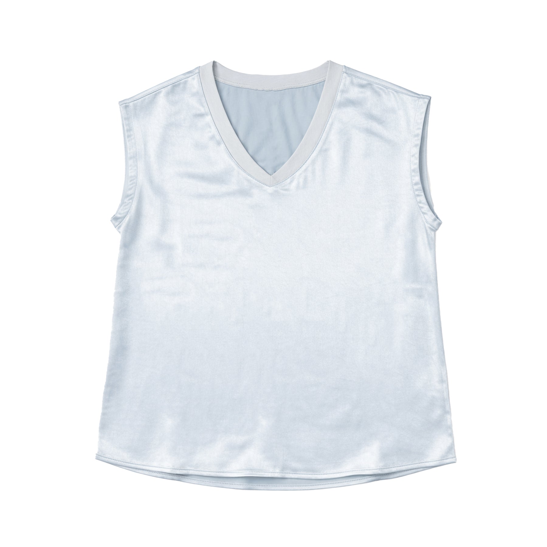 Ice blue sleeveless satin top with V-neckline and smooth silky finish on white background.