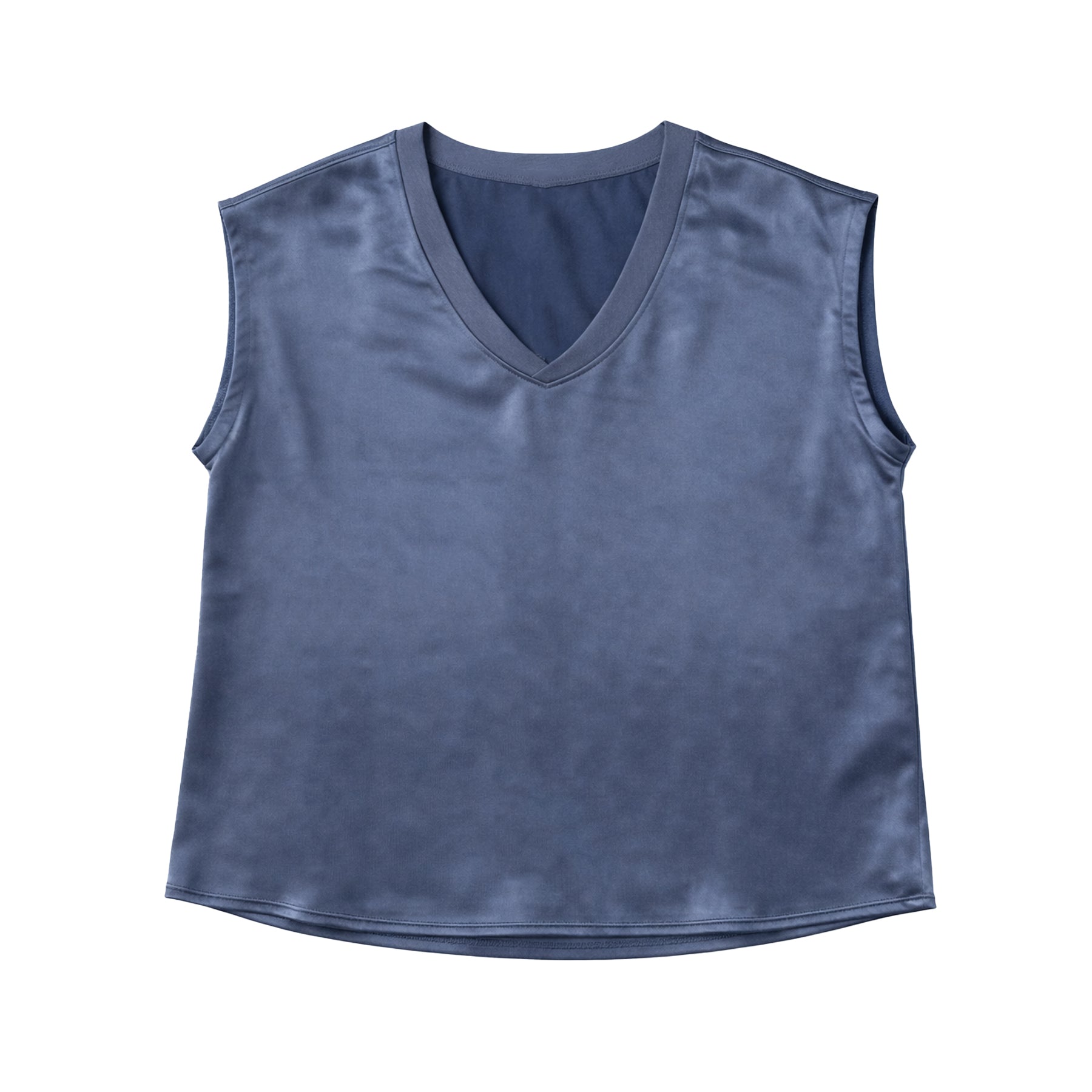 Navy sleeveless satin top with V-neckline and smooth silky fabric on white background.
