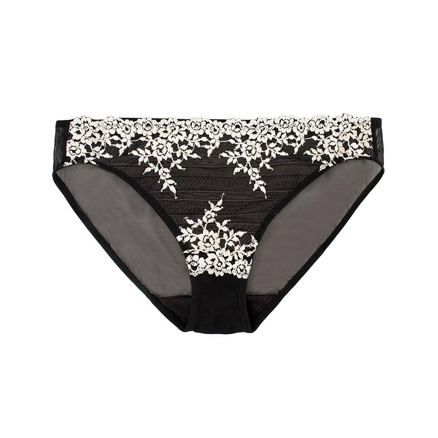 Wacoal embrace lace bikini 64391. Mid-rise sheer black mesh panty with cream lace embroidery details. Flat lay front view without model.