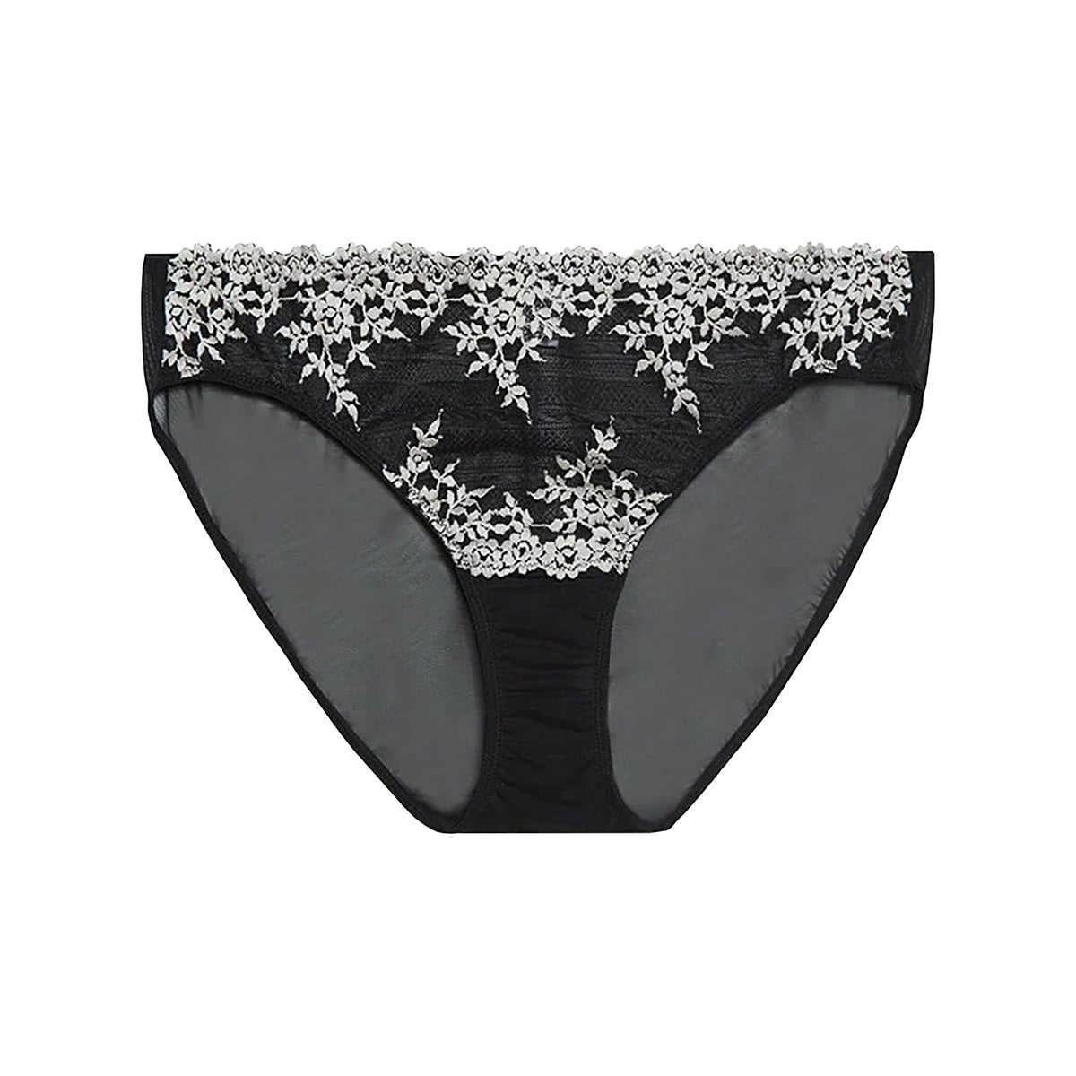 Wacoal embrace lace high waist sheer black mesh brief 841191 with cream lace embroidery details. Flat lay without model.