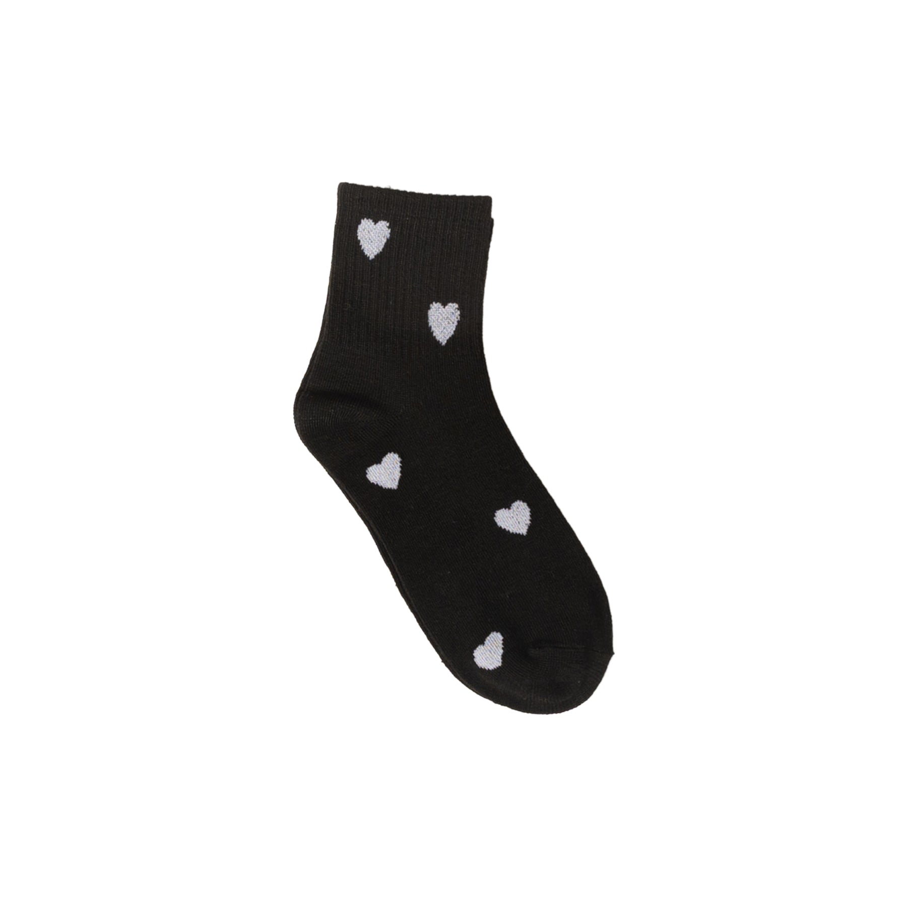 Women's black crew socks with white heart pattern, soft ribbed cuff, and comfortable everyday cotton blend.