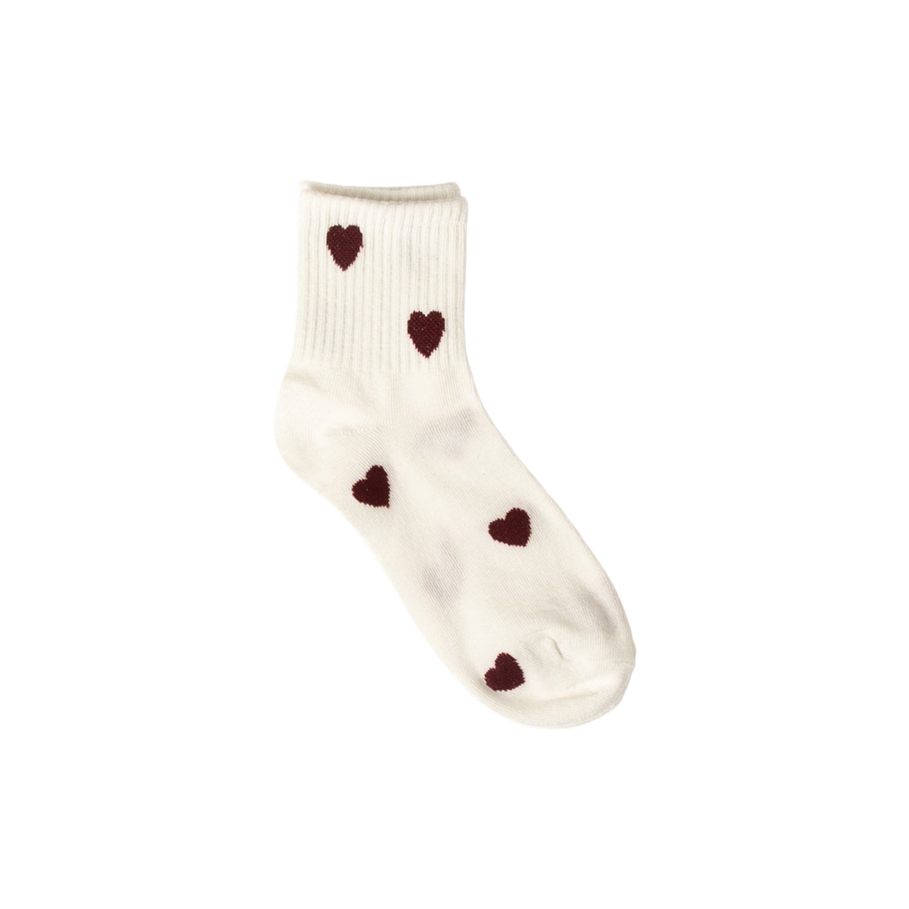 Women's ivory crew socks with burgundy heart pattern, ribbed cuff, and cozy cotton-blend knit for everyday comfort