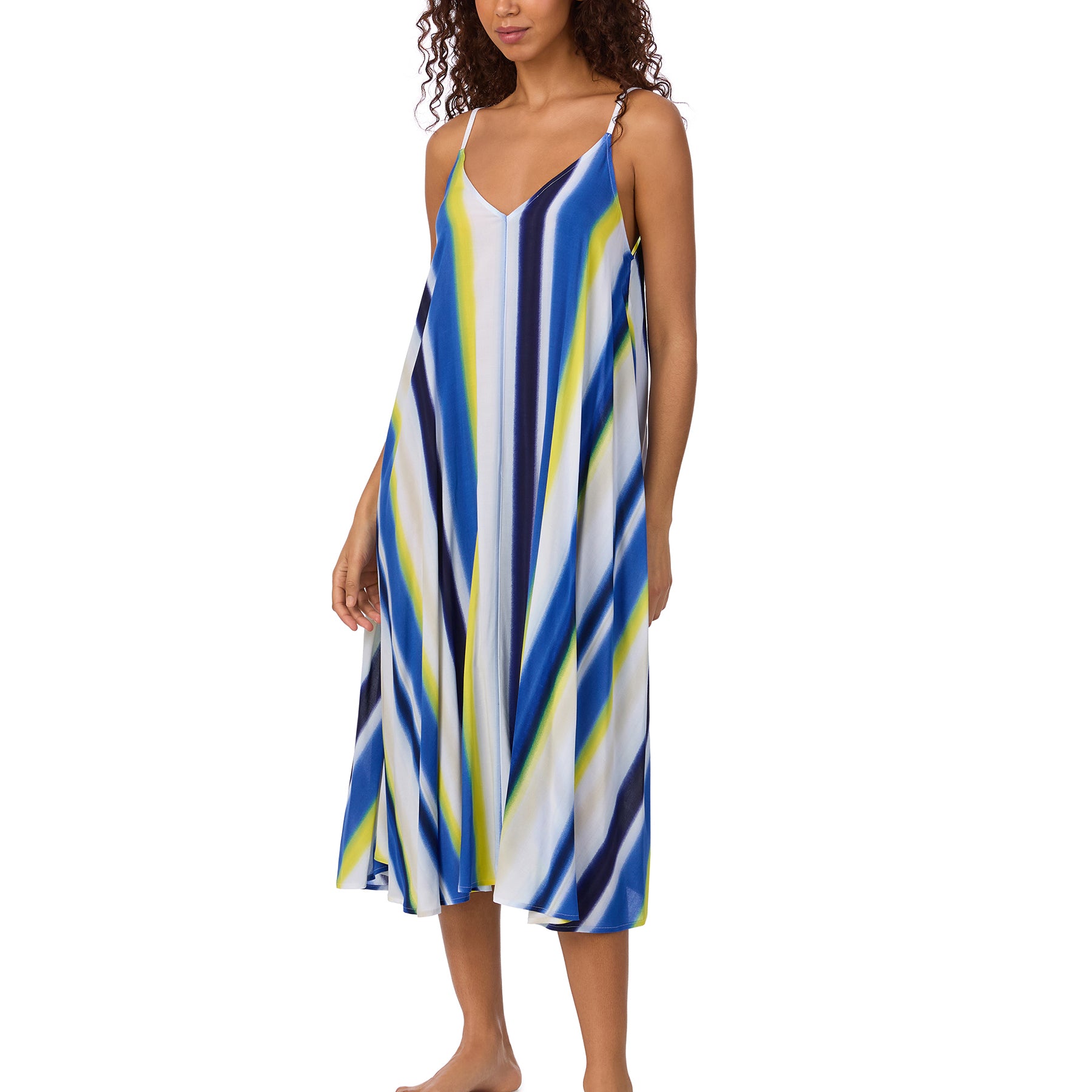Angled front view of a relaxed-fit striped summer dress with V-neckline and vibrant colour palette.