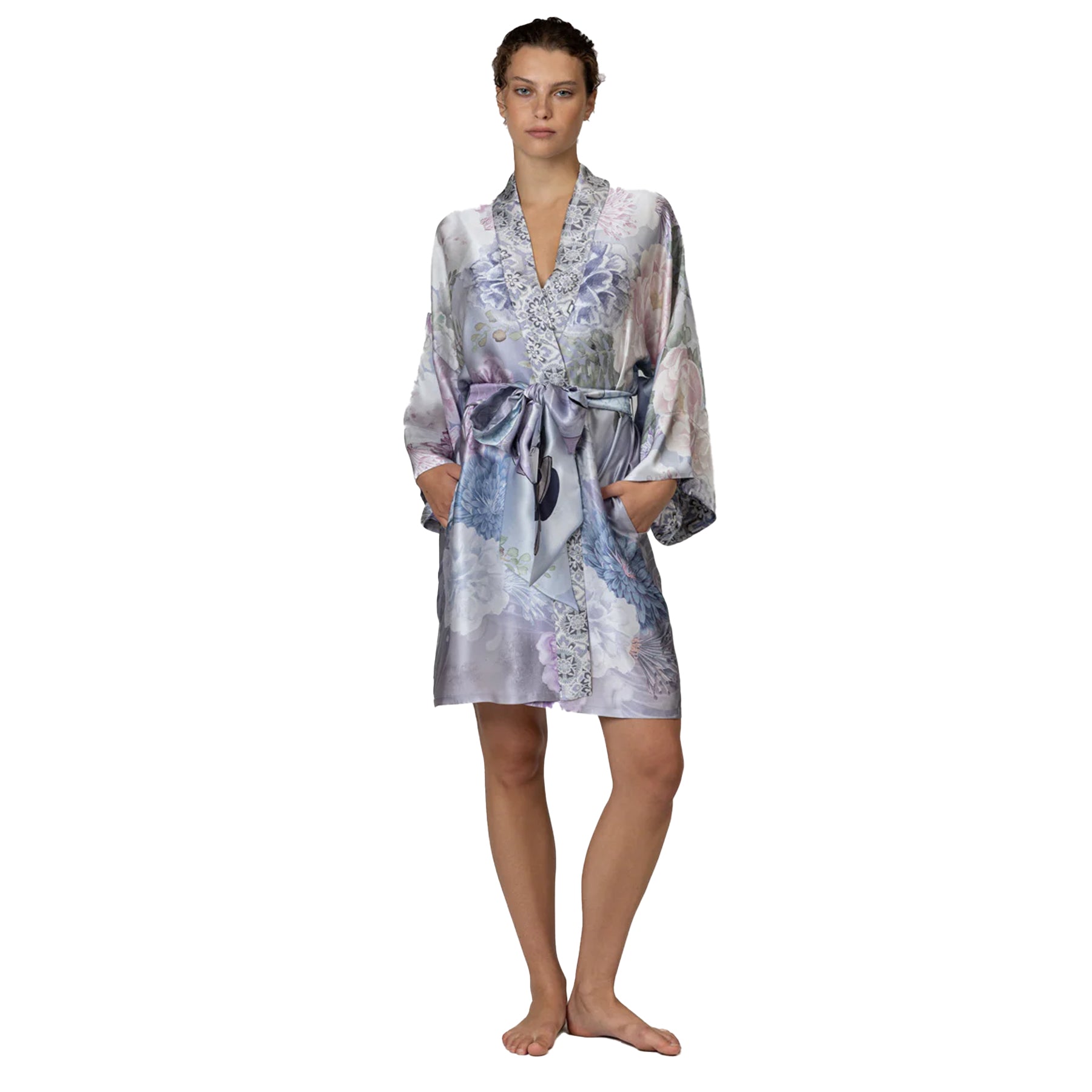 Silk kimono-style robe with soft blue and lavender floral print, wrap design with waist tie, front view