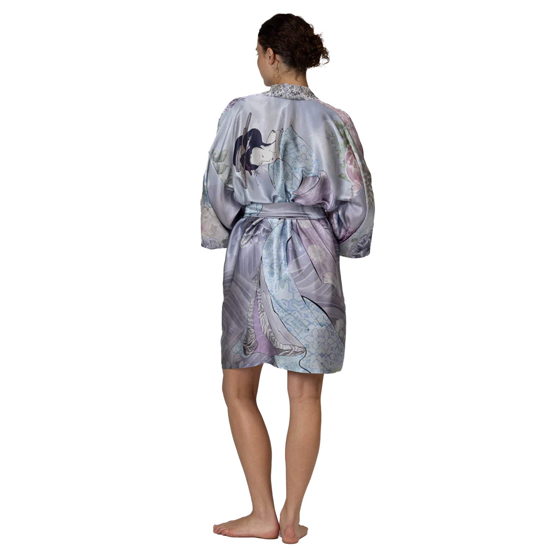 Back view of satin kimono robe with artistic floral and geisha-inspired print, loose fit and belt detail