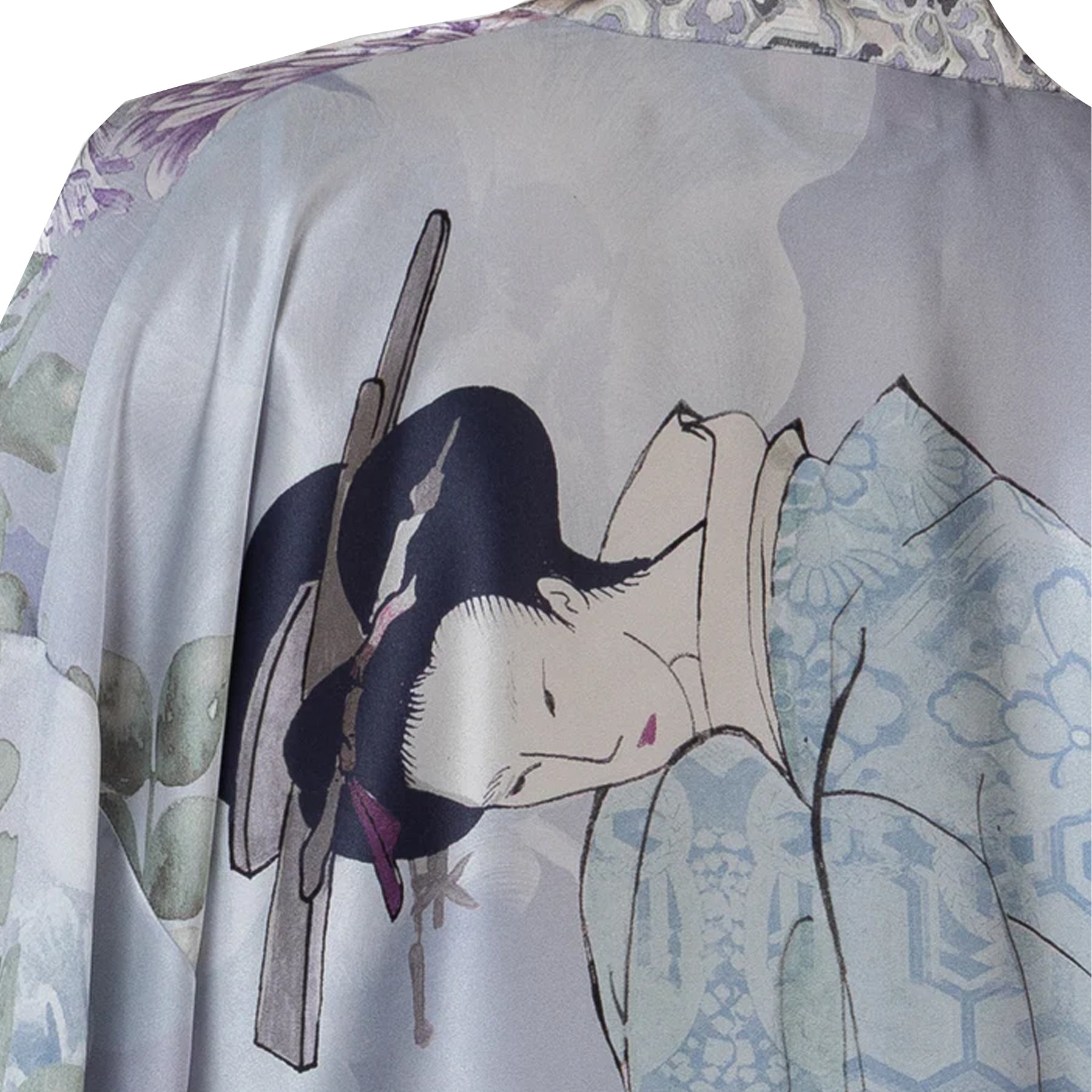 Detailed view of robe featuring geisha illustration and pastel floral motifs on silky fabric