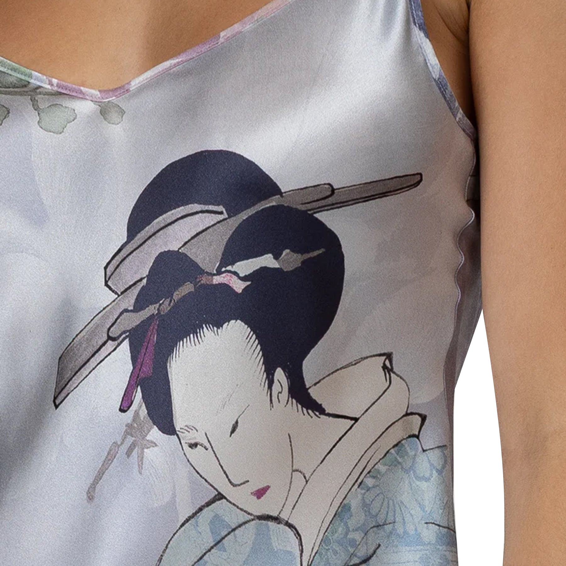 Detailed close-up of geisha illustration print on satin sleep dress in cool-toned palette