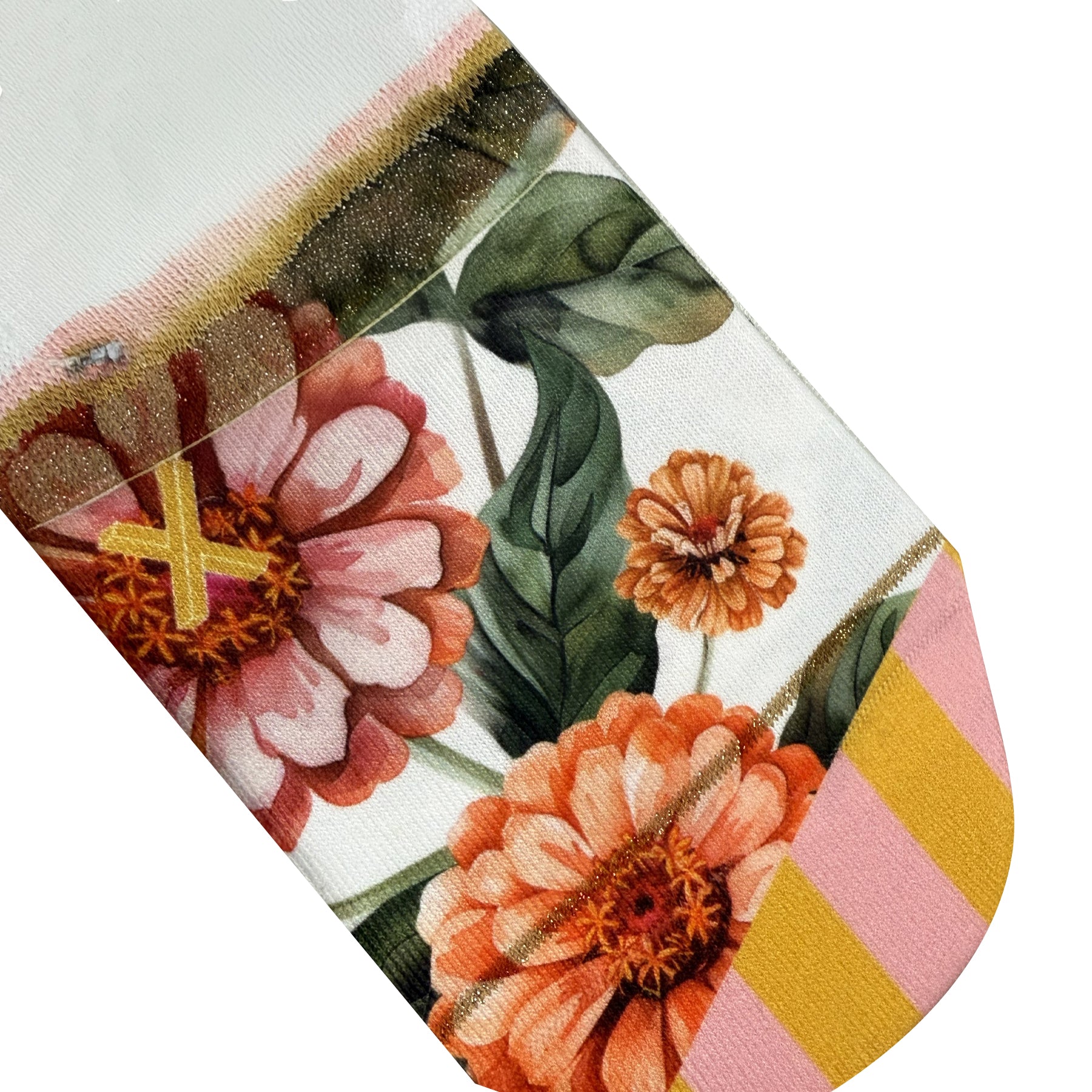 Close-up of floral ankle sock featuring coral blooms, green foliage, ivory base and metallic gold stripe detail at the cuff.