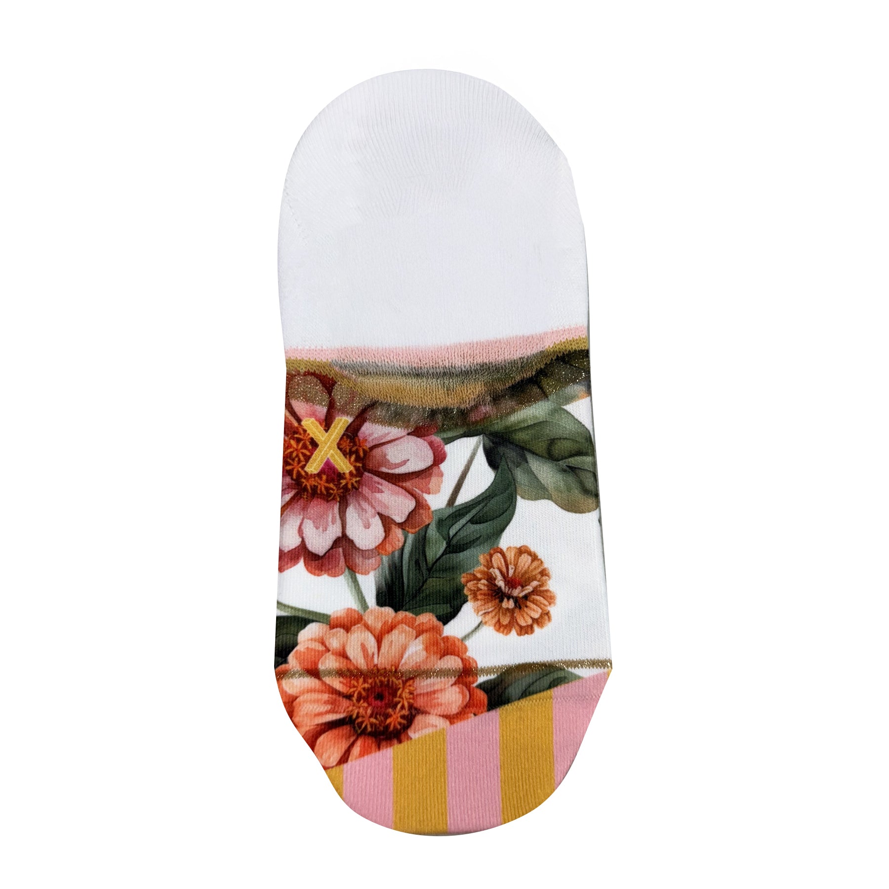 Front view of no-show floral sock with peach and coral flowers, green leaves, ivory heel and pink and mustard striped toe.