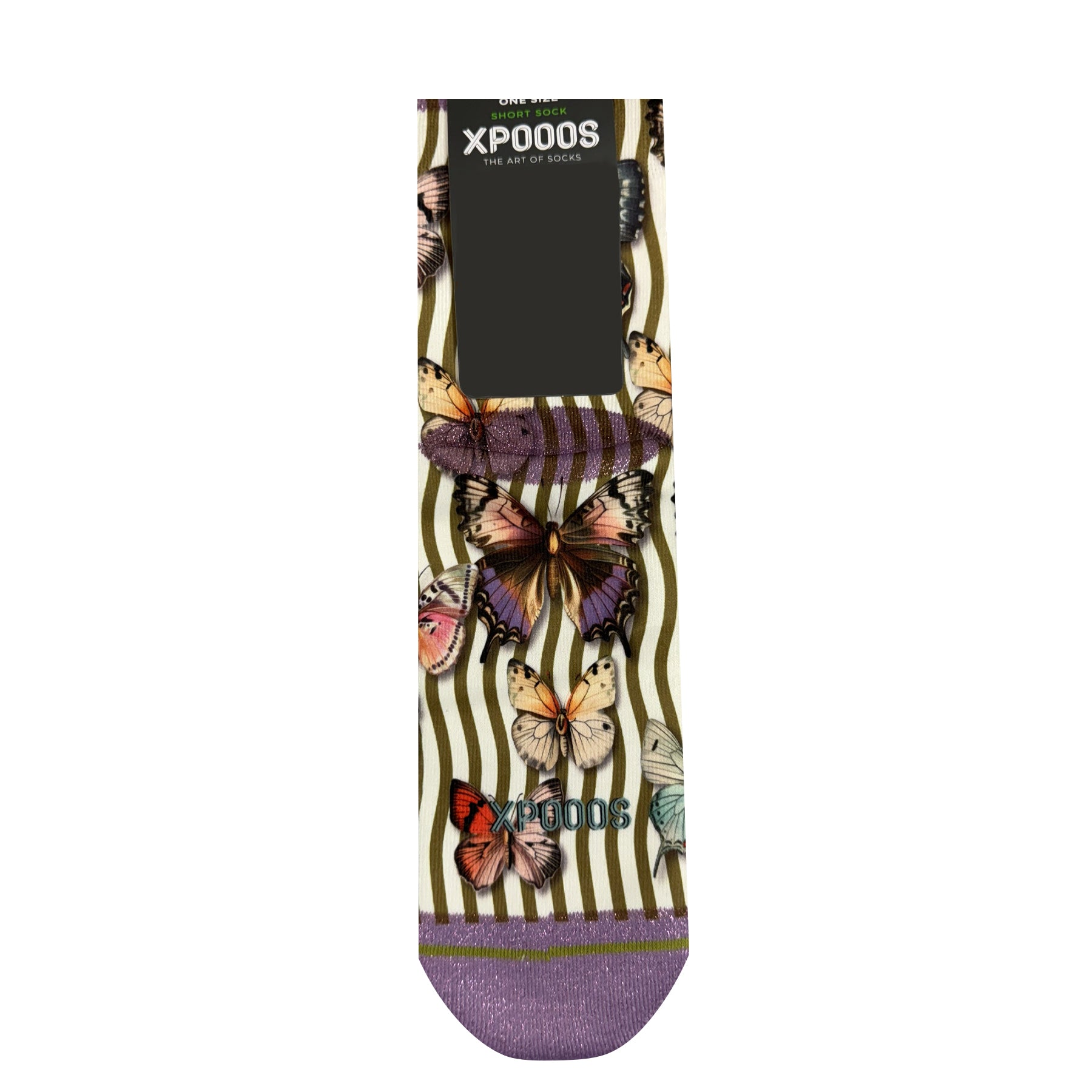 XP000S short socks with multicolour butterfly print over olive vertical stripes, lilac shimmer toe, and black cuff on white background